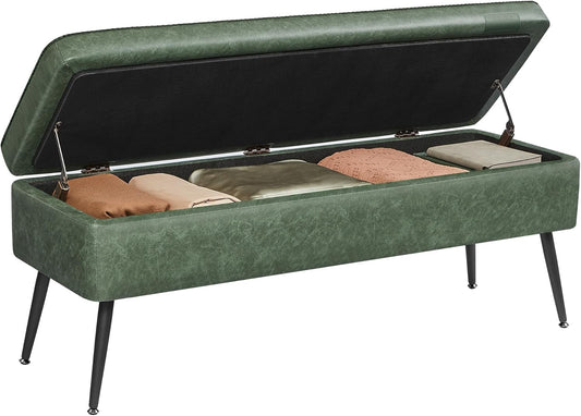 VASAGLE EKHO Collection - Storage Ottoman Bench, Entryway Bedroom Bench, 15 Gallons, Synthetic Leather with Stitching, Mid-Century Modern, Safety Hinges, Loads 660 lb, Forest Green ULOM074C01