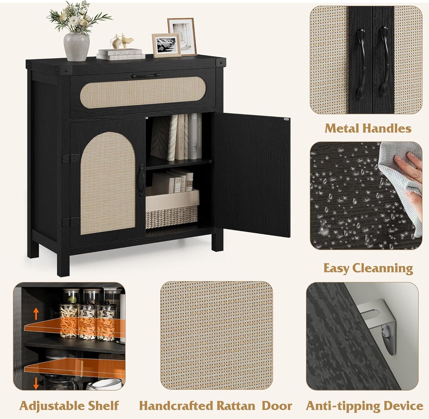 IDEALHOUSE Rattan Cabinet with Drawer, Sideboard with Synthetic Rattan-Accent Doors, Adjustable Shelves, Buffet Cabinet for Living Room Dining Room, Black