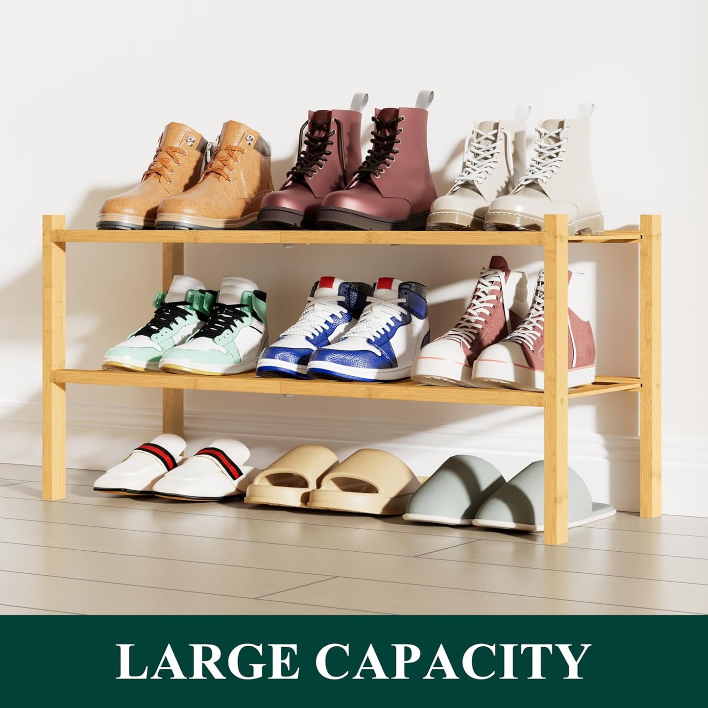 Smiry Shoe Rack, 2 Tier Bamboo Shoe Organizer, Stackable Free Standing Wooden Shoe Storage Shelf for Closet, Entryway, Front Door Entrance, Natural
