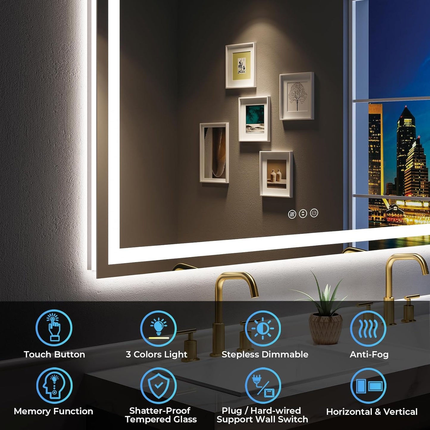 60x36 Inch LED Bathroom Mirror with Lights Front and Backlit Lighted Vanity Mirror for Bathroom Wall with 3 Colors Dimmable Anti-Fog Memory Shatter-Proof IP54 Waterproof Horizontal/Vertical