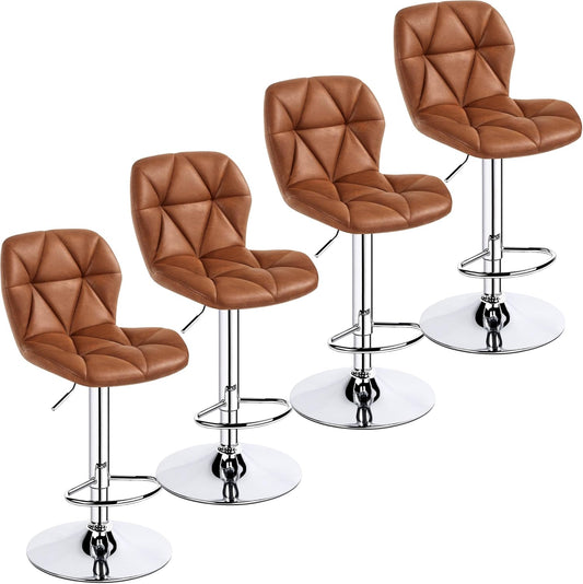 Yaheetech Bar Stools Set of 4, Adjustable PU Leather Swivel Barstools, Modern Counter Stools with Back and Footrest, Counter Height Barstools for Bar, Kitchen, Dining Room, Retro Brown