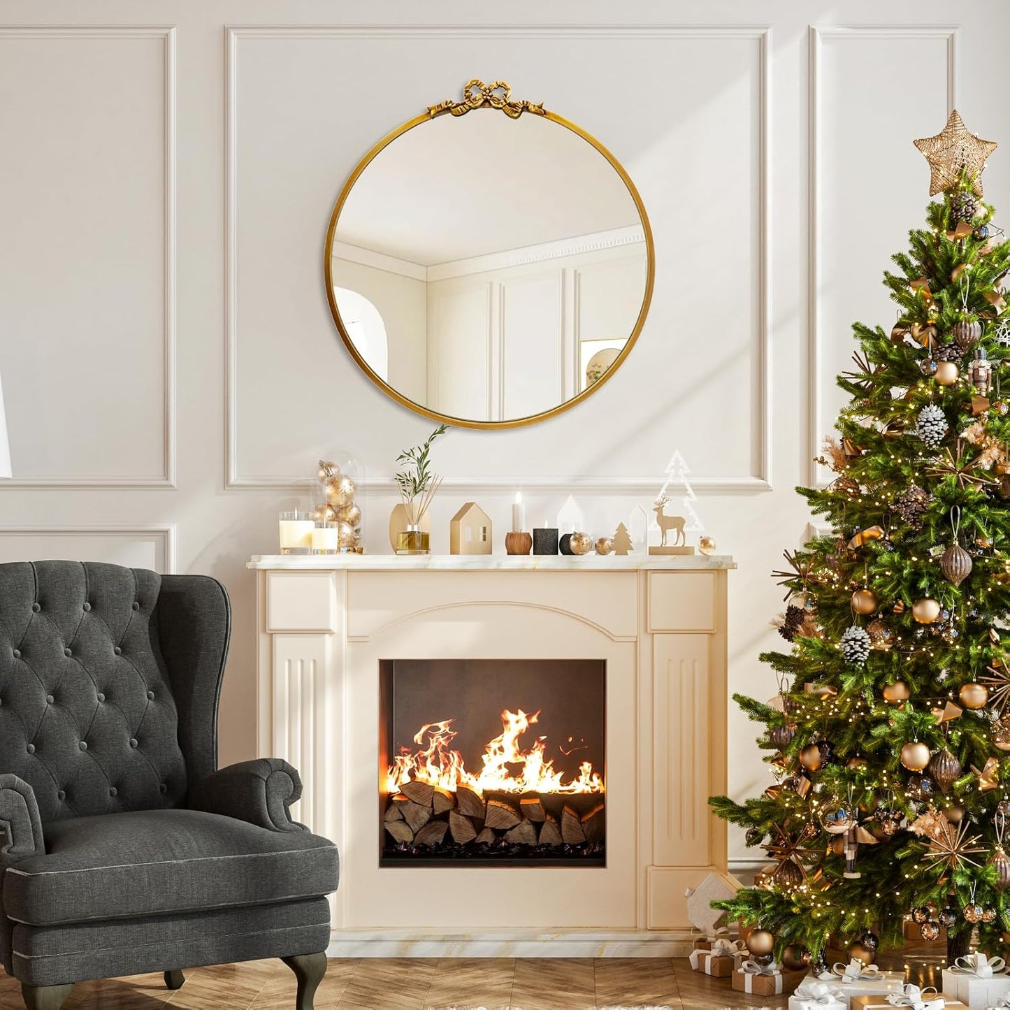 Vintage Gold Round Mirror 23.6inch Decorative Bow Mirrors for Wall Antique Bathroom Vanity Ornate Wall Mirror, Metal Baroque Bow Decor for Living Room, Entryway, Bedroom, Hallway