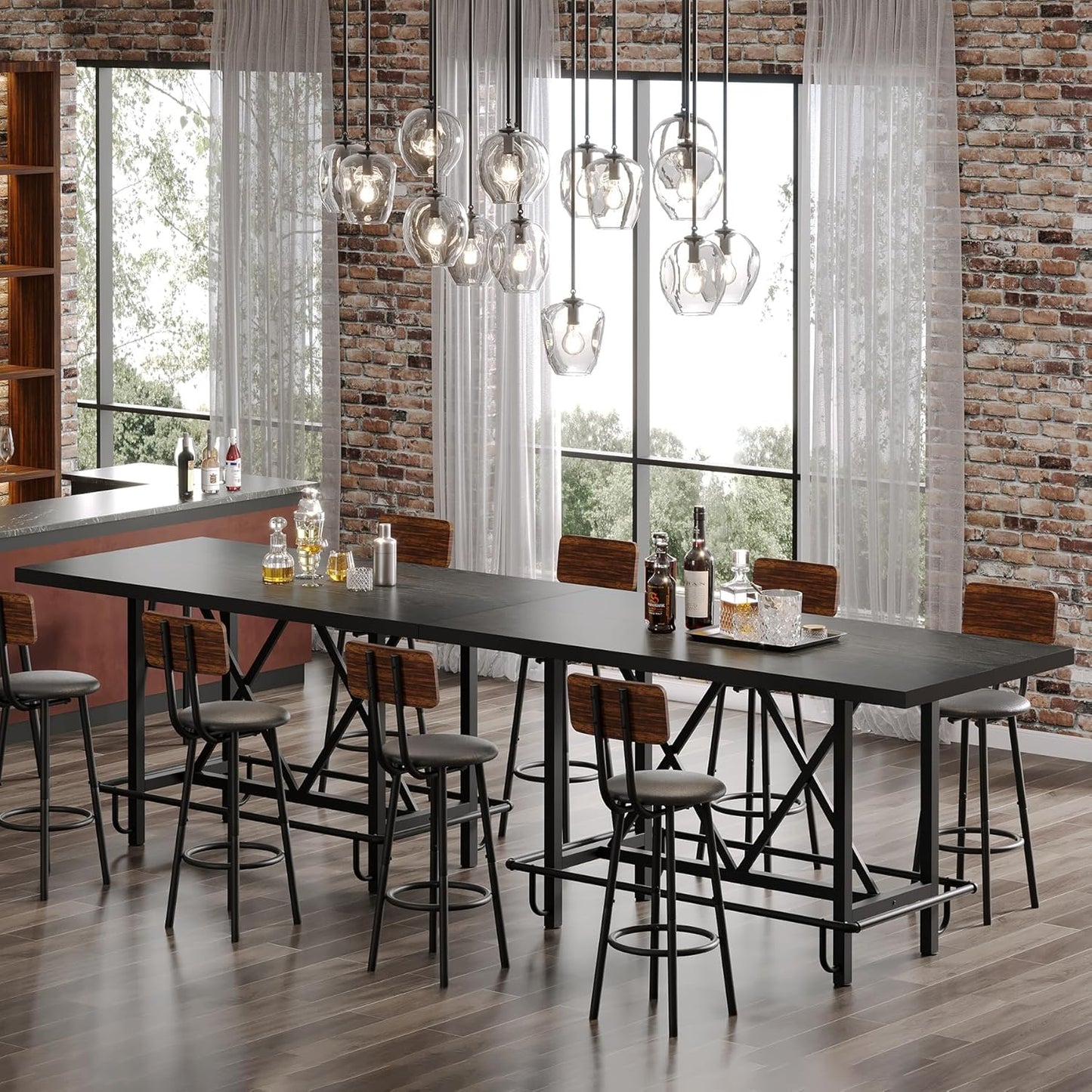 Tribesigns Bar Table, Industrial Counter Height Pub Table with Metal Footrest, 63-Inch Rectangle Wood Kitchen Dining Table with Sturdy Metal Frame for Dining Room, Home Bar (Black)