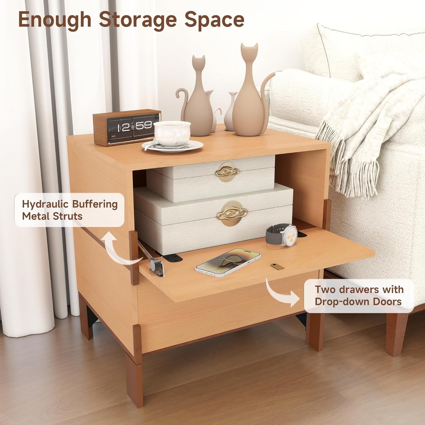 Sebastack Night Stand, Customizable 2 Drawers Bedside Table, End Table, Side Table for Bedroom, Dormitory, Mid-Century Style Wood Chest of Furnitures, Beech Color