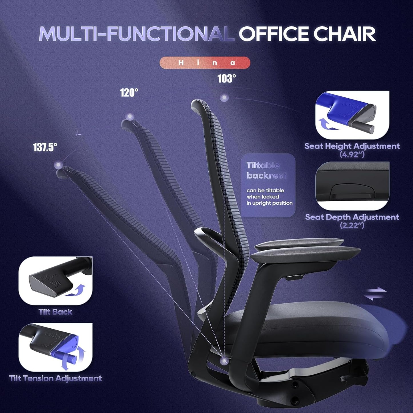 Ergonomic Office Chair Without Headrest, Genuine Leather Seat, Adjustable Seat Depth, 4D Armrests, Aluminum Alloy Base, Mesh Back, High-End Executive Desk Chair Black (Obsidian Black)