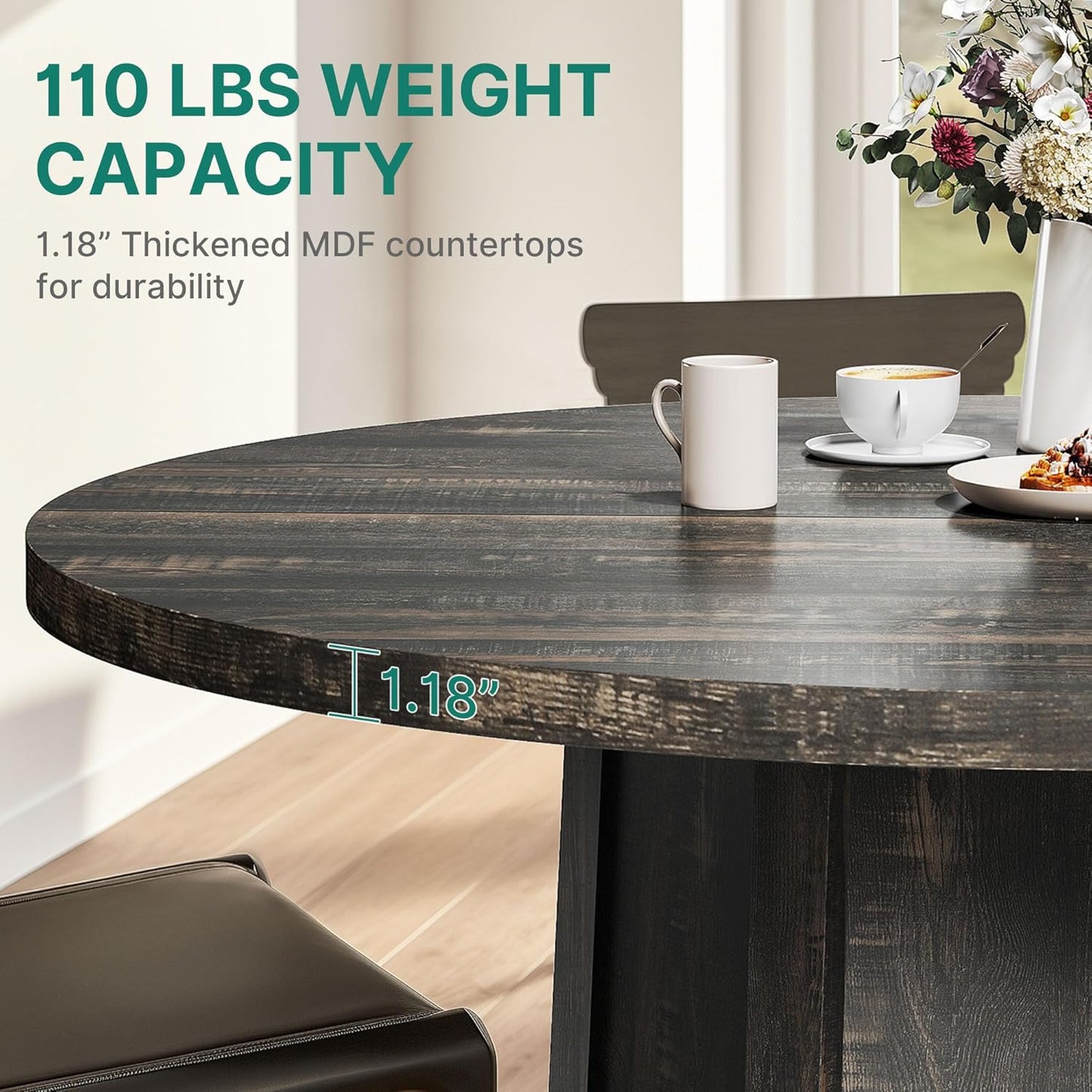 DWVO 47" Round Dining Table for 4-6 People Farmhouse Industrial Dinning Room Table with 1.18" Thickness Wood Grain Tabletop Rustic Circle Dining Table with Hexagonal Base for Eating Dinner Grey