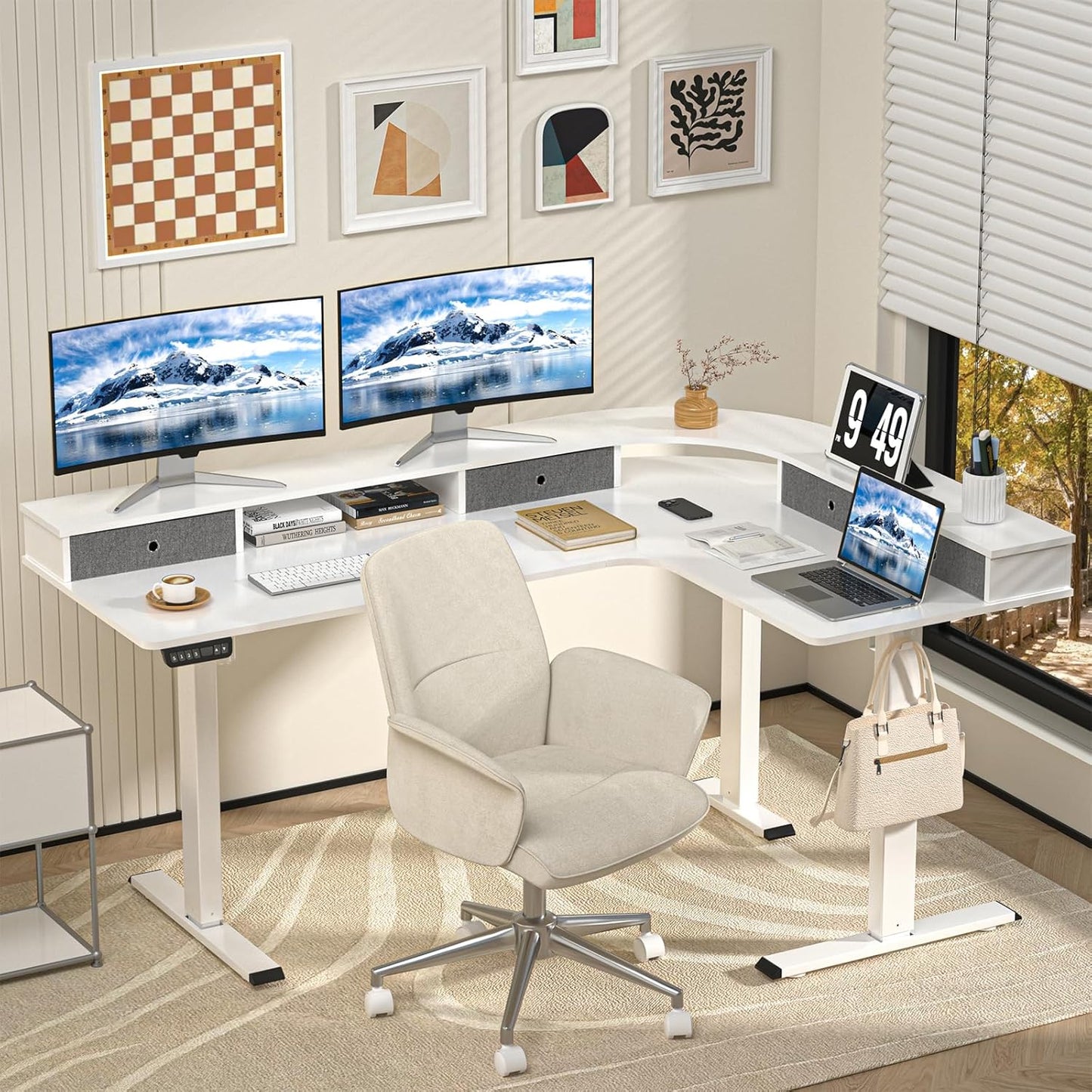 67" L Shaped Standing Desk, Electric Height Adjustable Corner Table with Drawers, Modern Standing Gaming Desk with Monitor Stand for Home Office Entertainment, Snow White