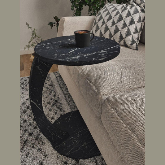 C Shaped End Table for Couch Small Places, Faux Marble Black Space Saver Round Side Table for Sofa and Bedside with Wheels, Coffee and Eating Snack Time Tray for Living Room, Office