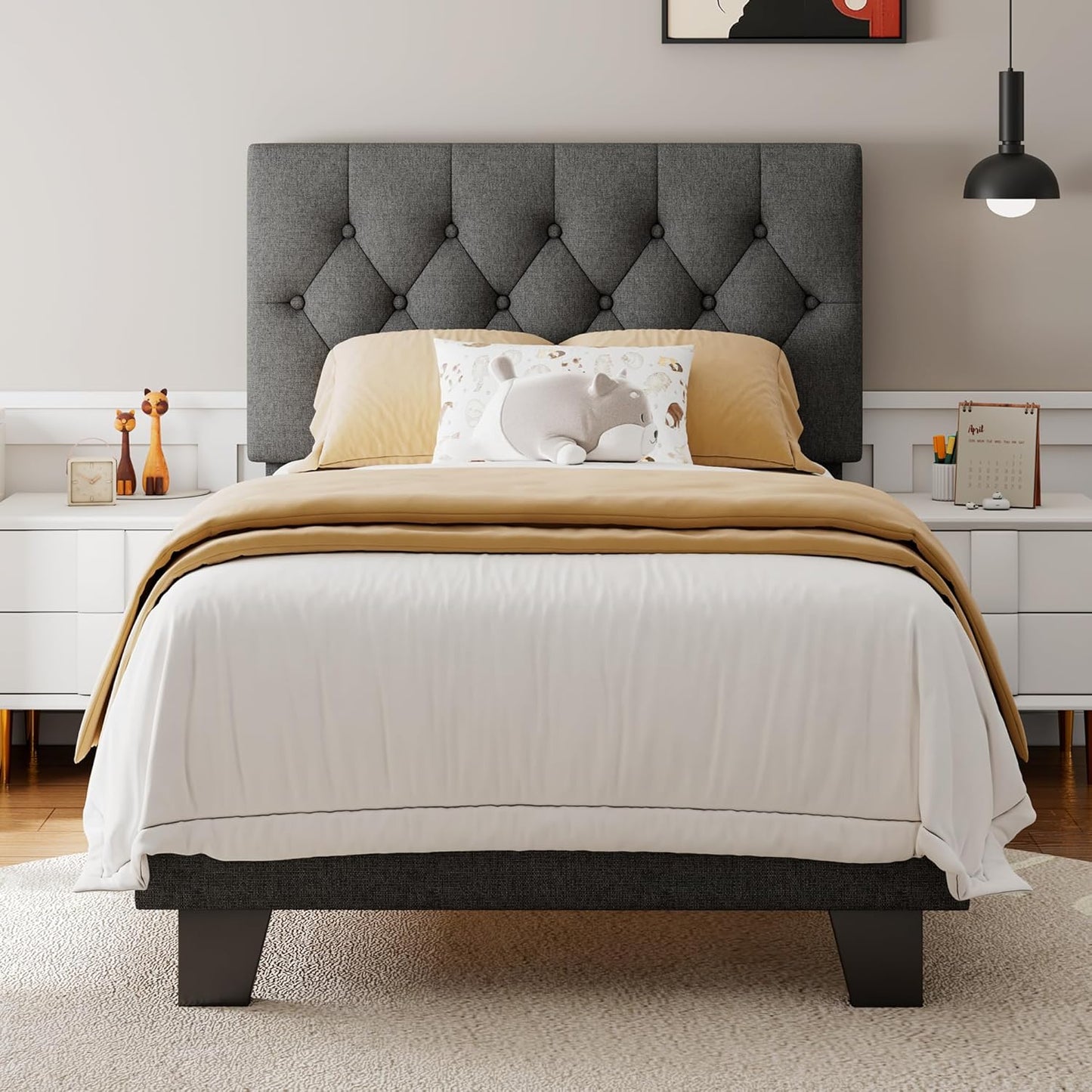 Feonase Twin Platform Bed Frame with Button Tufted Headboard, Upholstered Linen Bed with Wooden Slats Support, No Box Spring Needed, Noise-Free, Easy Assembly, Dark Grey