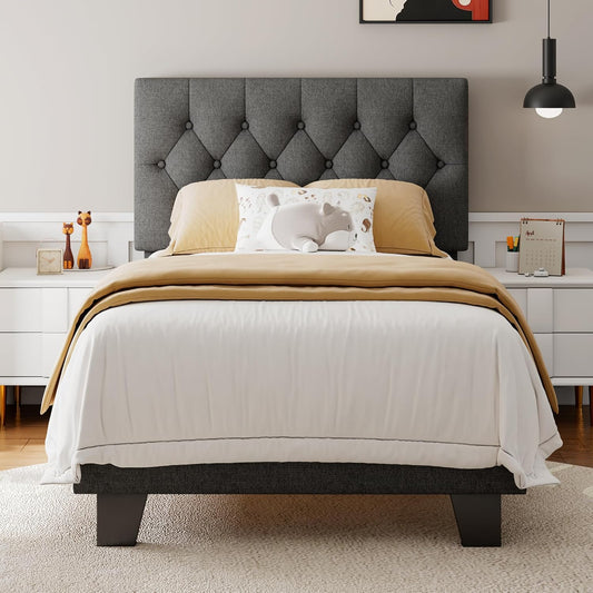 Feonase Twin Platform Bed Frame with Button Tufted Headboard, Upholstered Linen Bed with Wooden Slats Support, No Box Spring Needed, Noise-Free, Easy Assembly, Dark Grey