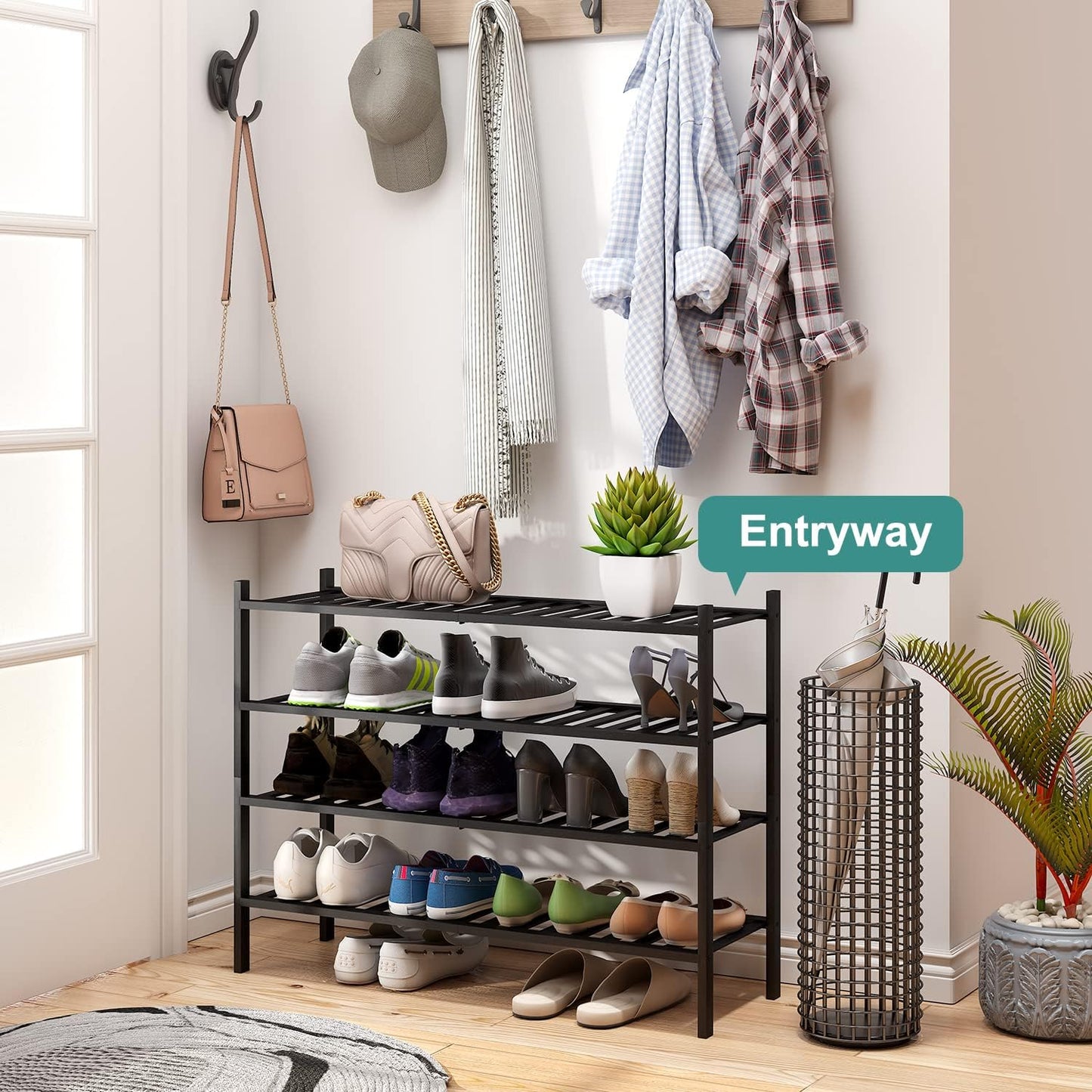 Black 4-Tier Long Shoe Rack, Bamboo Wood, 33-Inch