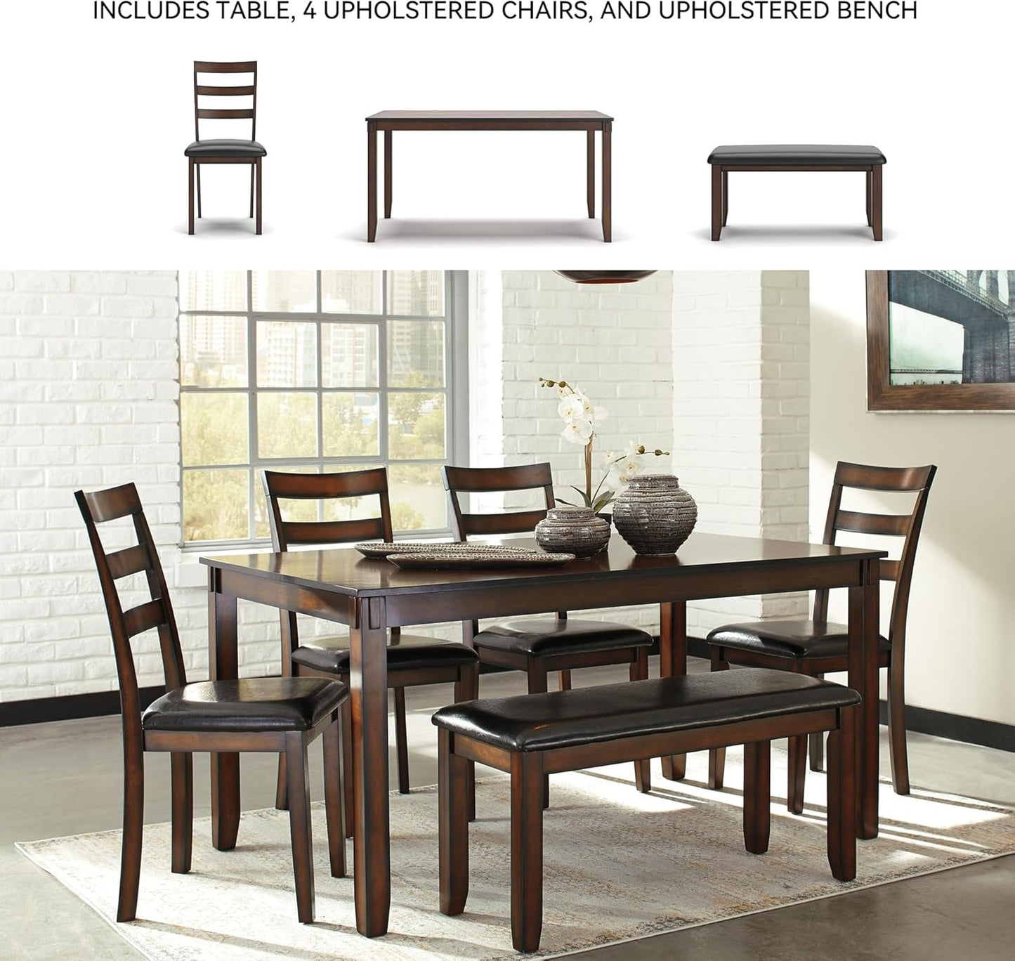 Signature Design by Ashley Coviar 6 Piece Dining Set, Includes Table, 4 Chairs & Bench, Dark Brown