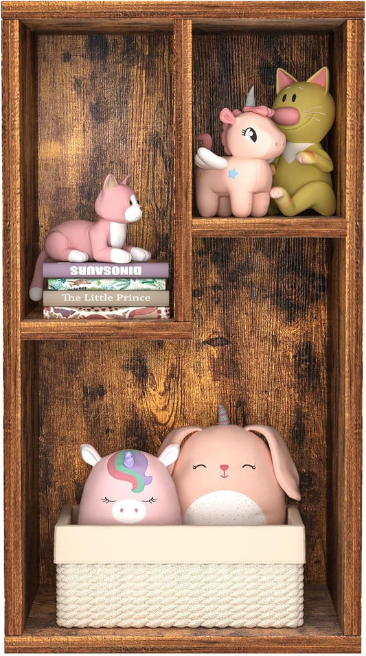 VECELO Small Bookshelf, 3 Cube Shelf, Fits Tallest Hardcovers, Horizontal Available, Modern Storage Organzier for Small Spaces, Vintage Brown