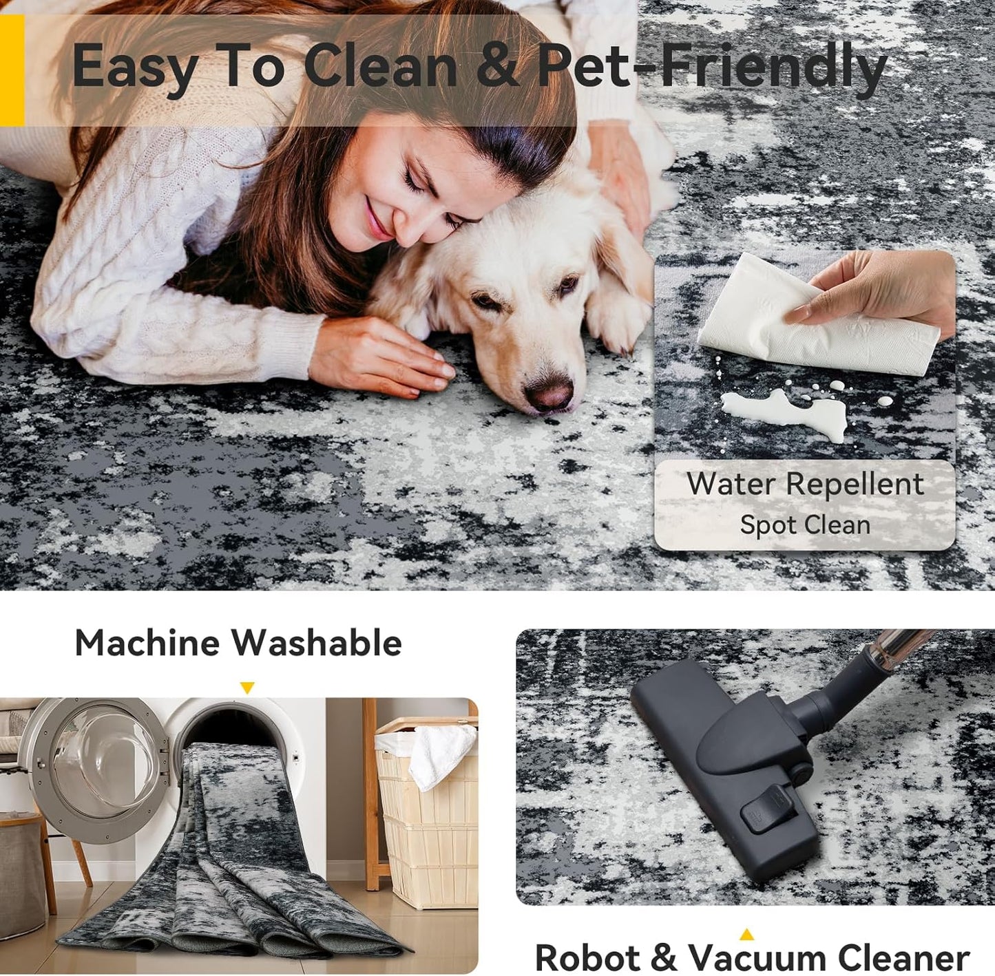 Washable Area Rugs 6'x9' Non-Slip Modern Abstract Soft for Living Room Entryway Bedroom Nursery, Print Pattern, Black Gray