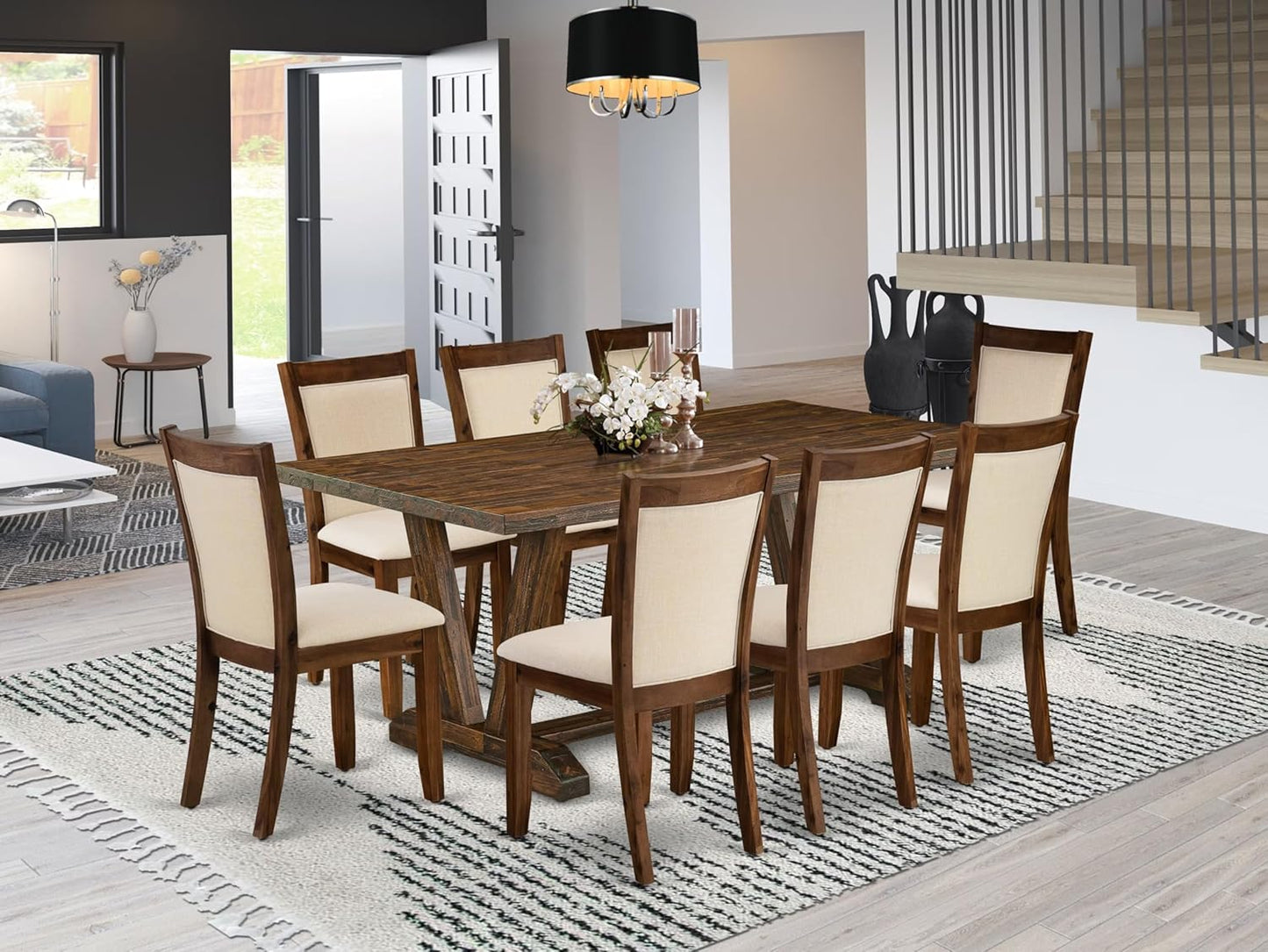 East West Furniture V777MZN32-9 9 Piece Dining Room Furniture Set Includes a Rectangle Dining Table with V-Legs and 8 Light Beige Linen Fabric Upholstered Chairs, 40x72 Inch, Multi-Color