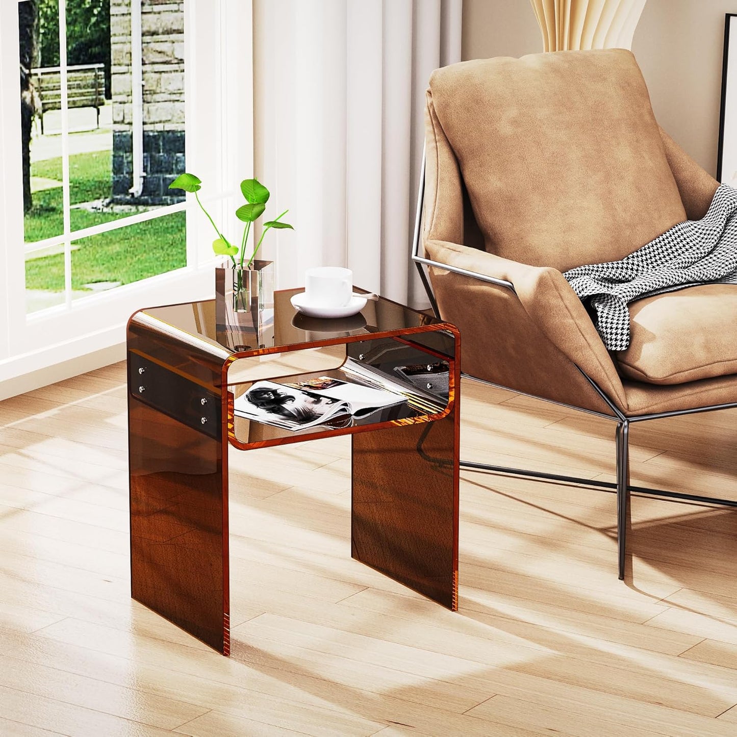 Clear Acrylic End Table 2-Tier Bedside Nightstand for Living Room Bedroom (1, Dark Brown)