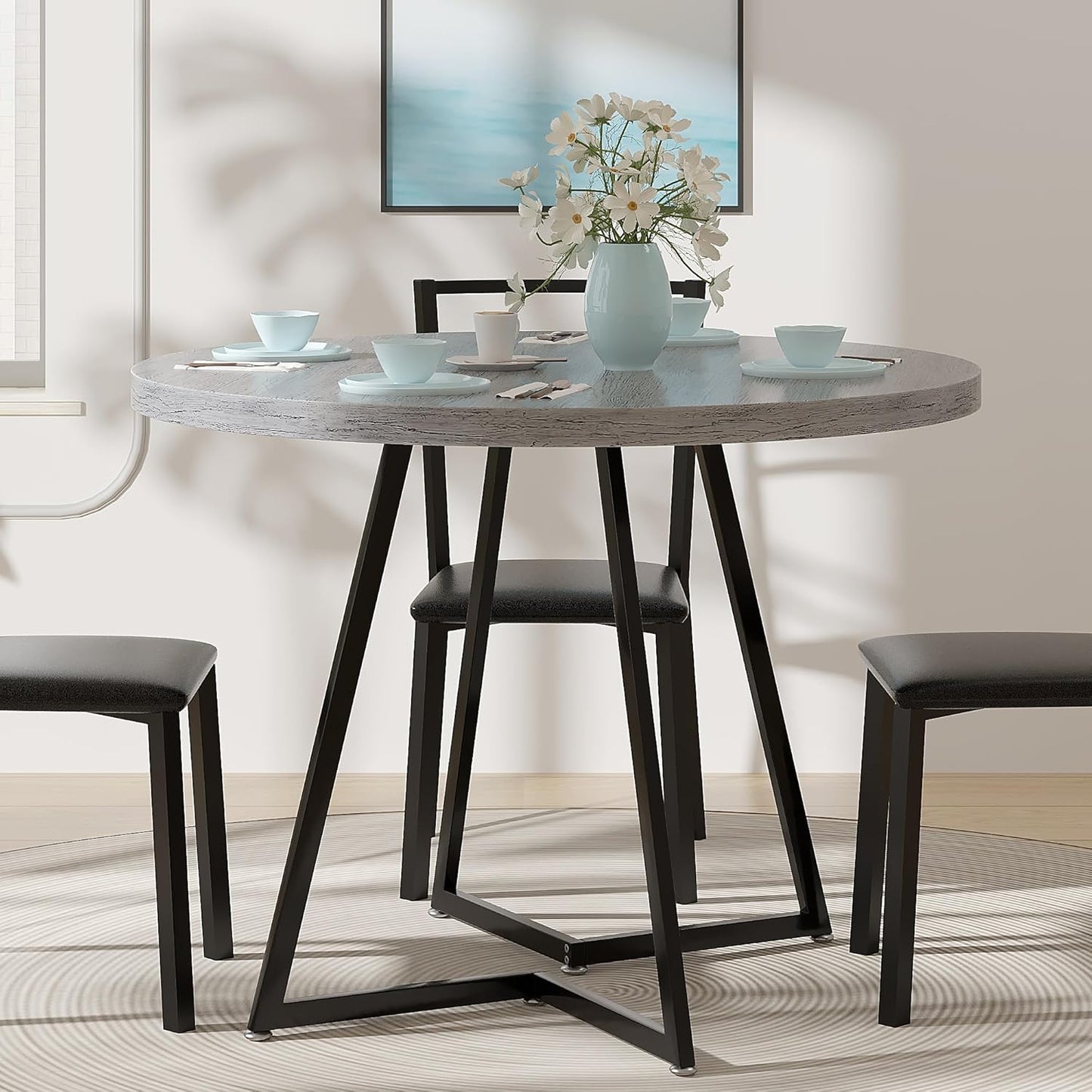 VECELO 35" Round Dining Table for 4, Wood-Grain Tabletop & Heavy-Duty Steel Frame, for Kitchen, Living Room, Easy Assembly, Light Grey