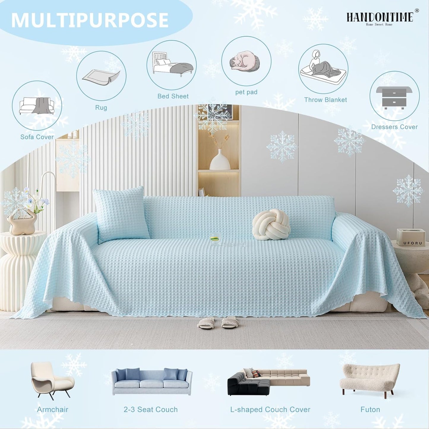 HANDONTIME Cooling Dog Couch Cover Ice Silk Washable & Breathable Pet Sofa Protector Durable Couch Covers for Sofa Pet Friendly Soft Dog Cooling Bed Cover Sofa Protector Covers (Baby Blue, 71"x118")