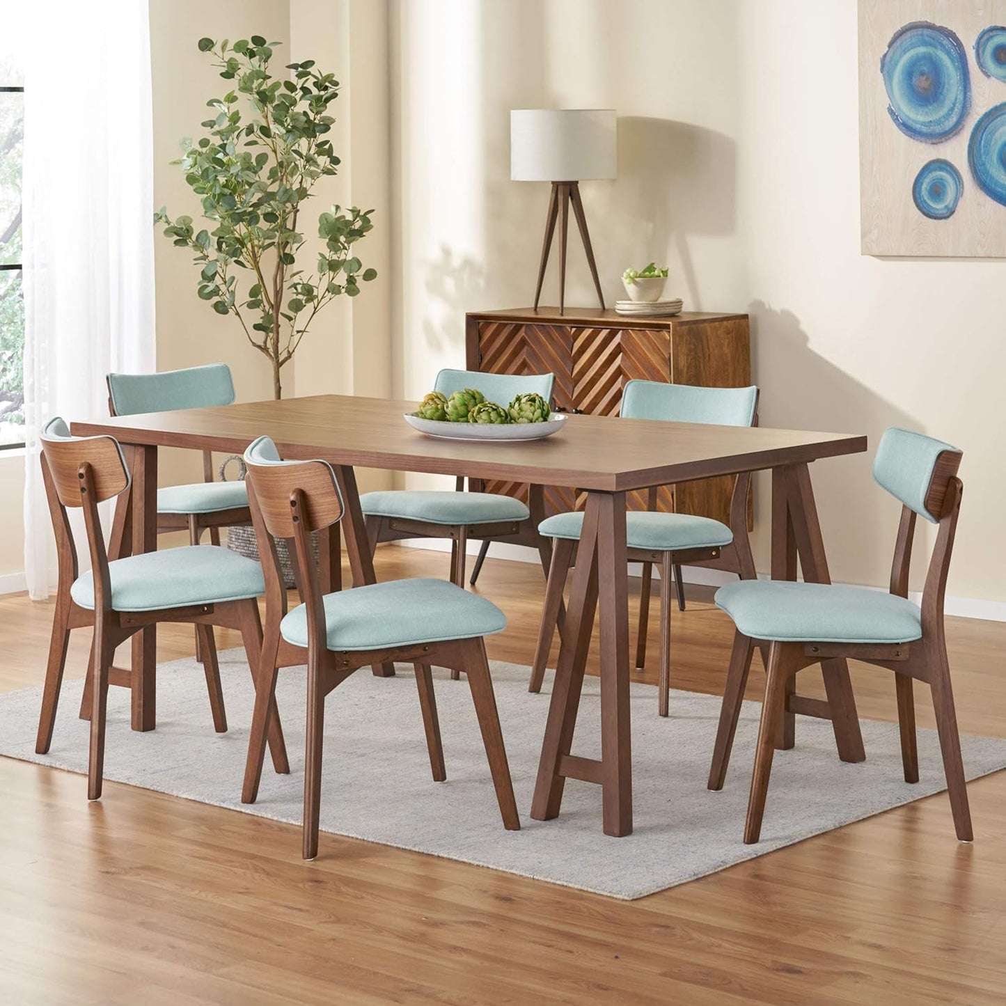 Christopher Knight Home Warren Mid-Century Modern 7 Piece Dining Set with A-Frame Table, Mint and Walnut