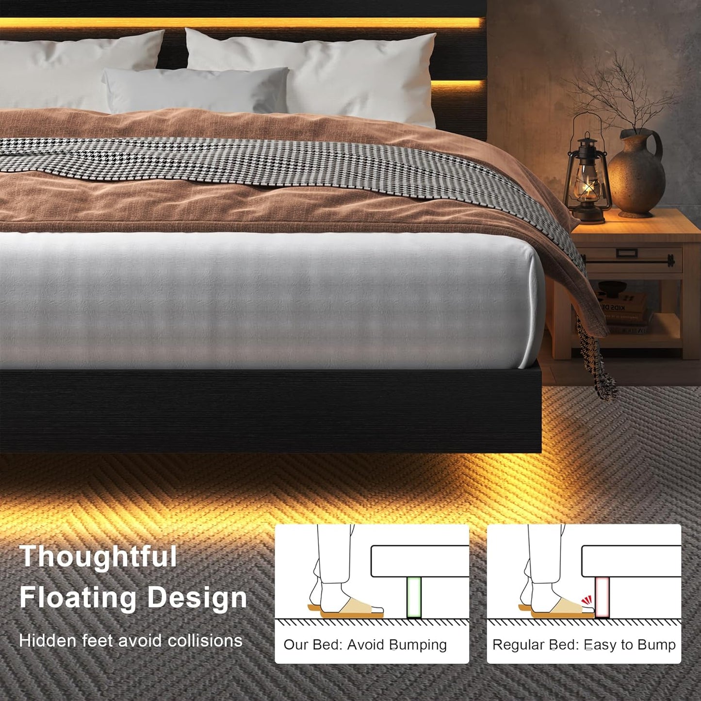 Feonase Floating Bed Frame King with Led Lights and Charging Station, Wood Full Size Bed Frame with Storage Headboard, Heavy Duty Metal Slats, No Box Spring Needed, Easy Assembly,Black