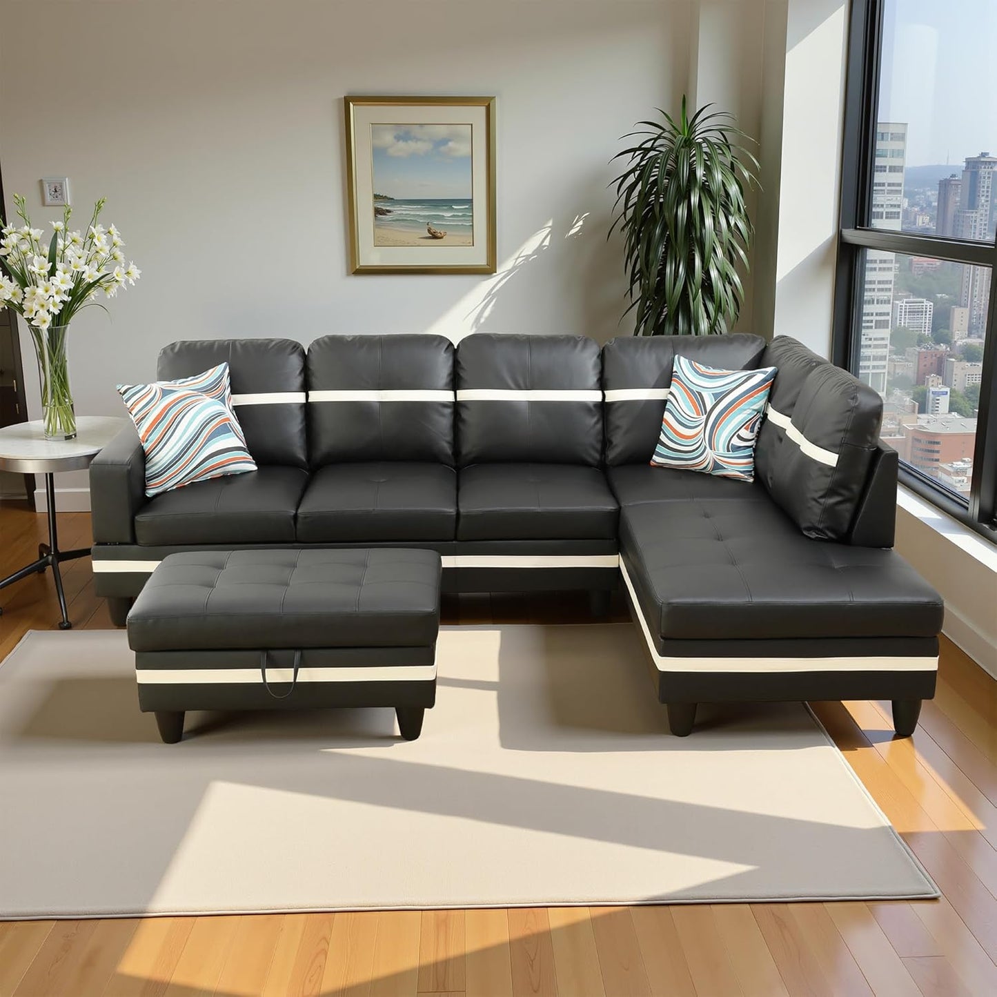 Couches for Living Room PU Leather L Shaped Couch Comfy 3 Pieces Sectional Sofa with Chaise, Ottoman with Storage for Office and Small Apartment, Black
