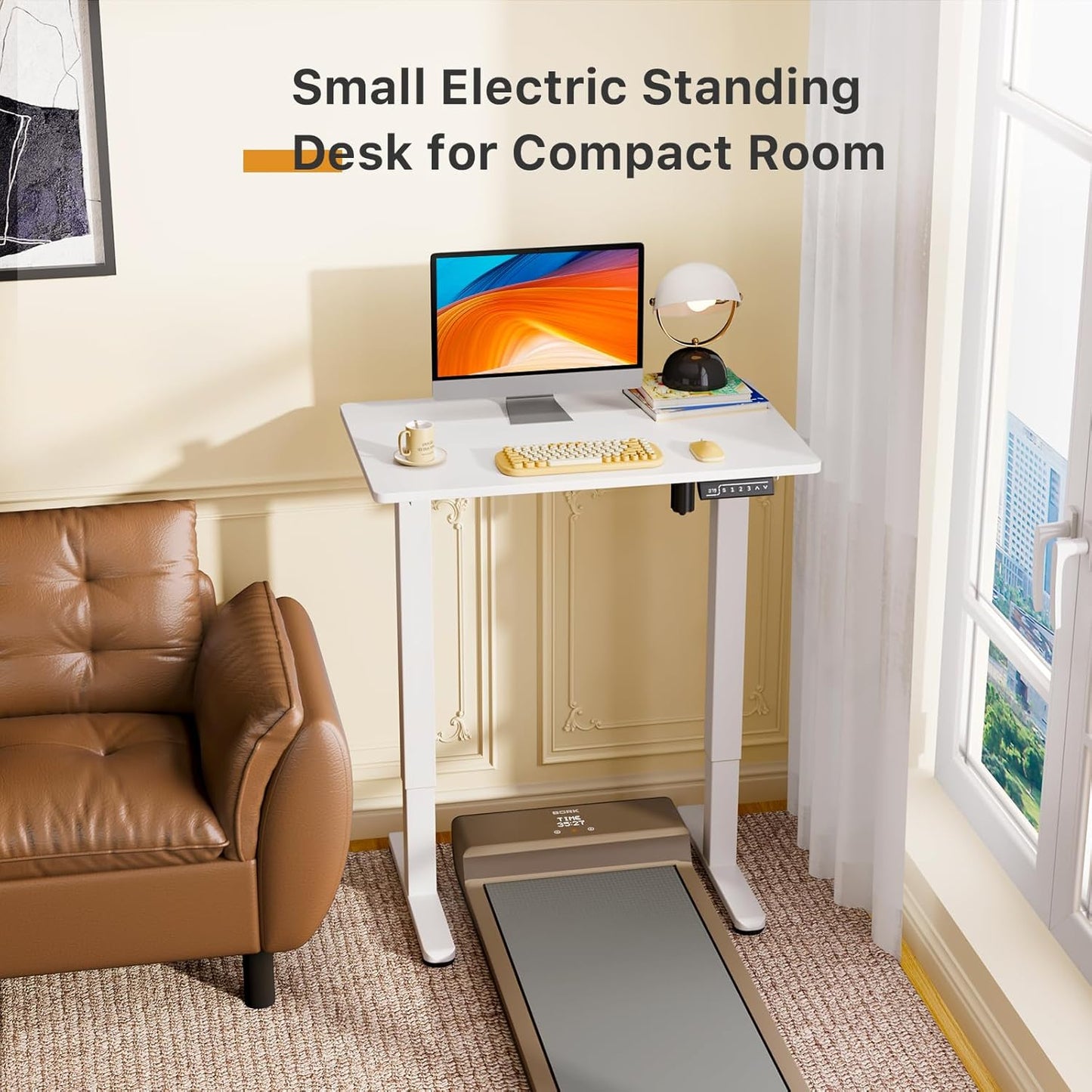 JOY worker Small Electric Standing Desk, 31.5" x 20" Whole Piece Height Adjustable Desk with Memory Controller, White Sit to Stand Workstation for Home Office