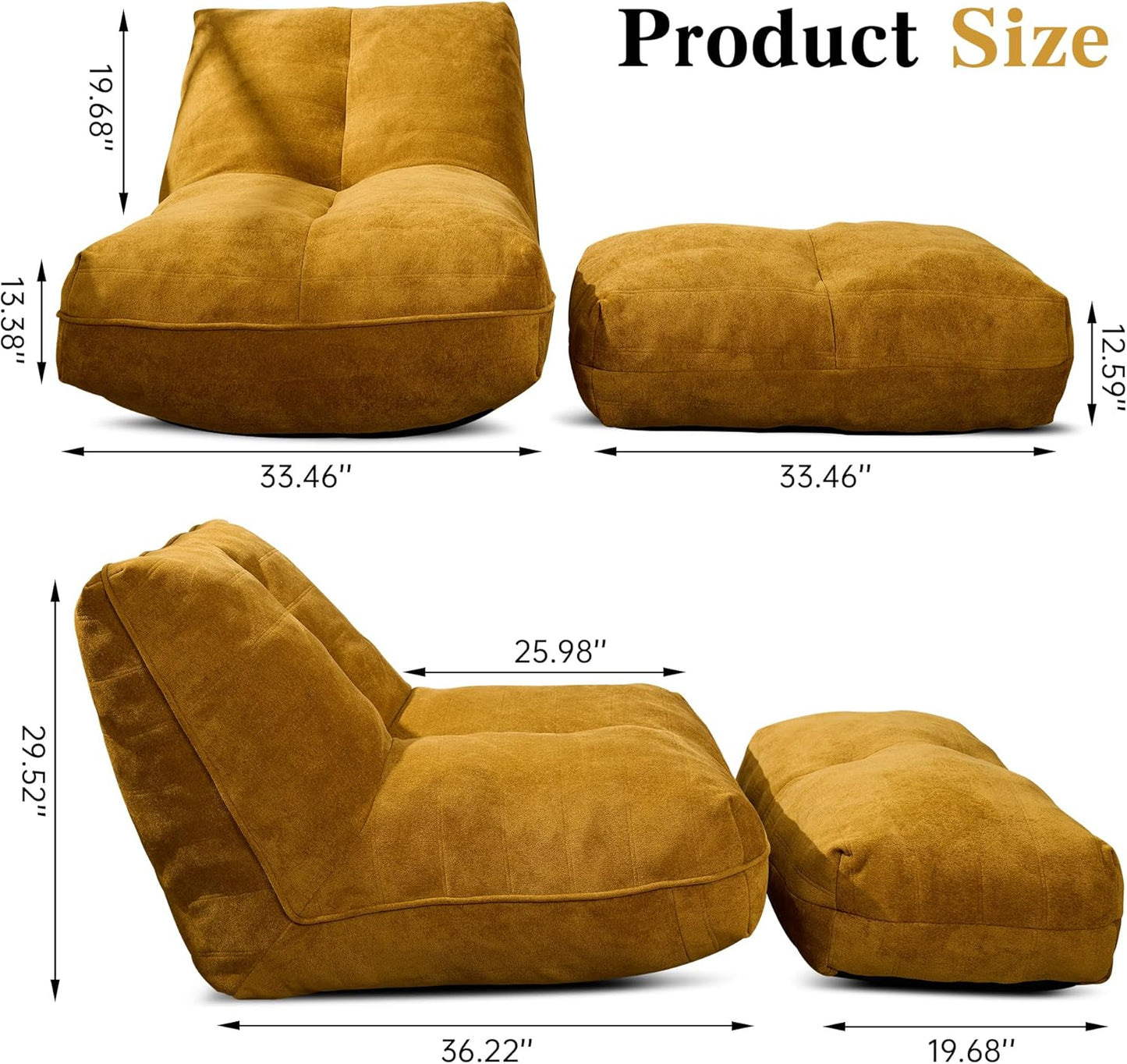 Bean Bag Chair with Ottoman, Comfy Bean Bag Sofa with Memory Foam, Lazy BeanBag Sofa with Footstool, Fireside Bean Bag Couch for Living Room, Bedroom, Apartment (Yellow)
