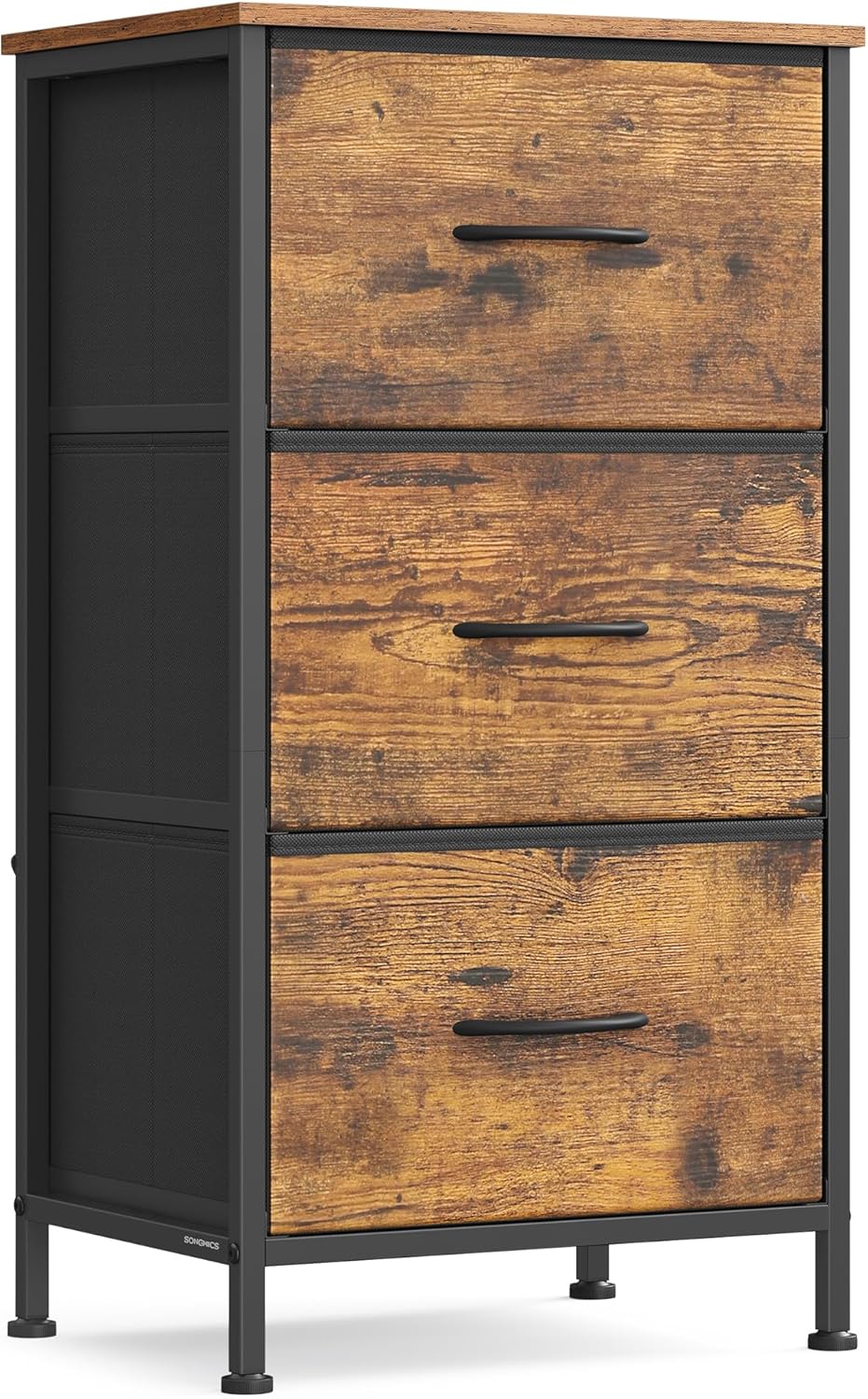SONGMICS Dresser for Bedroom, Chest of Drawers, Steel, MDF, 3 Non-Woven Fabric Drawers, Storage Organizer Unit, Closet, Entryway, Rustic Brown and Ink Black ULGS313B02S