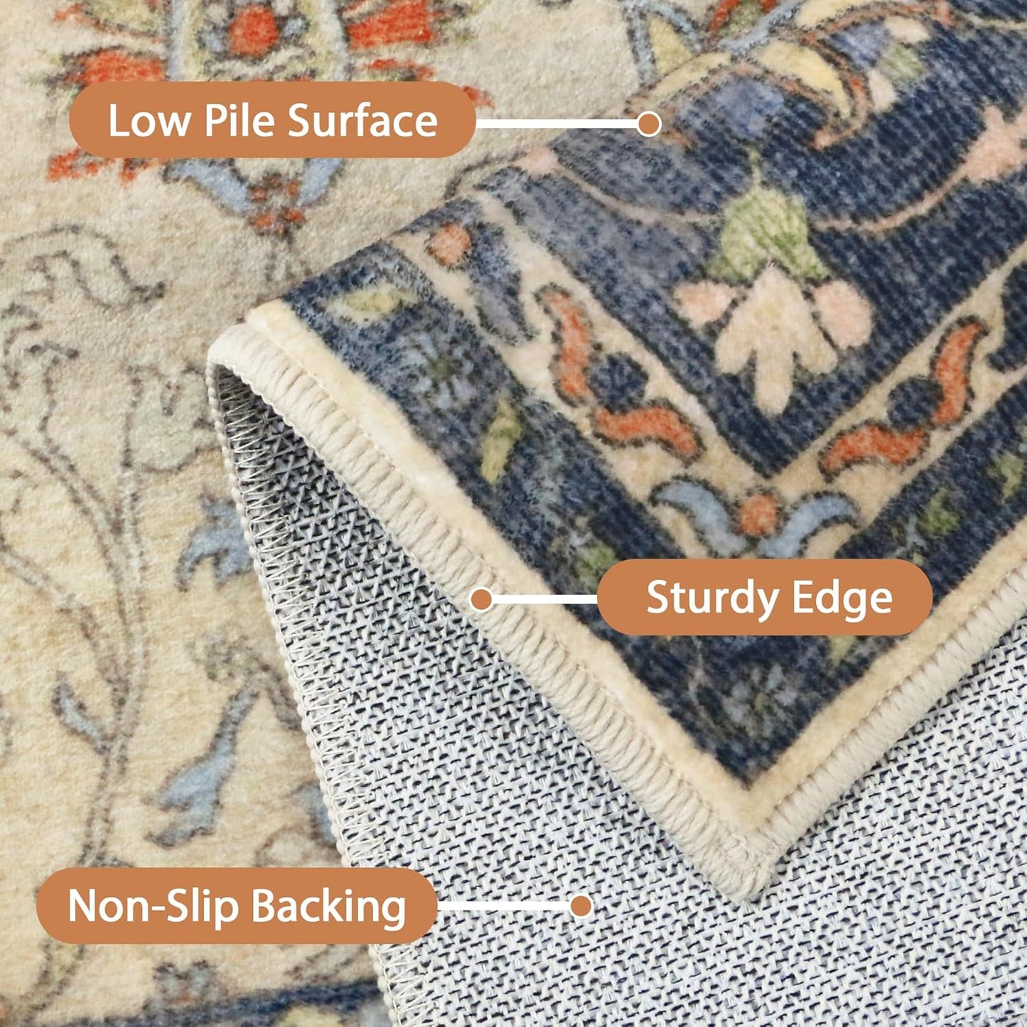 8X10 Area Rugs Machine Washable Rugs for Living Room, Vintage Boho Large Rugs for Bedroom Dining Room, Non Slip Indoor Soft Distressed Lightweight Thin Low Pile Carpet, Ivory Navy Blue