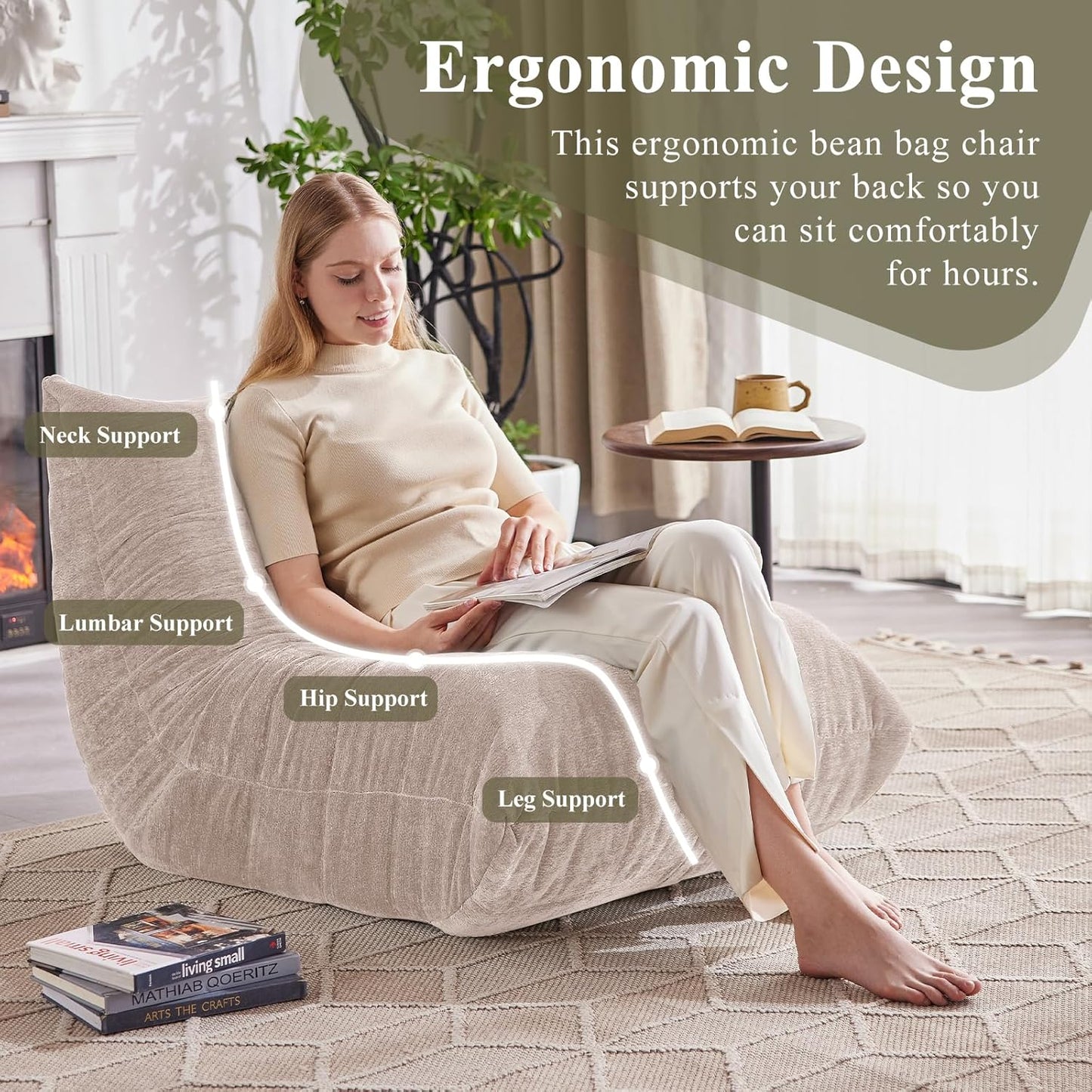 Bean Bag Chair, Fireside Chair Big Bean Bag Sofa for Adults/Teens, Memory Foam Bean Bag Gaming Chairs with Comfy Design & Premium Fabric, Lazy Floor Sofa for Living Room, Bedroom, Beige