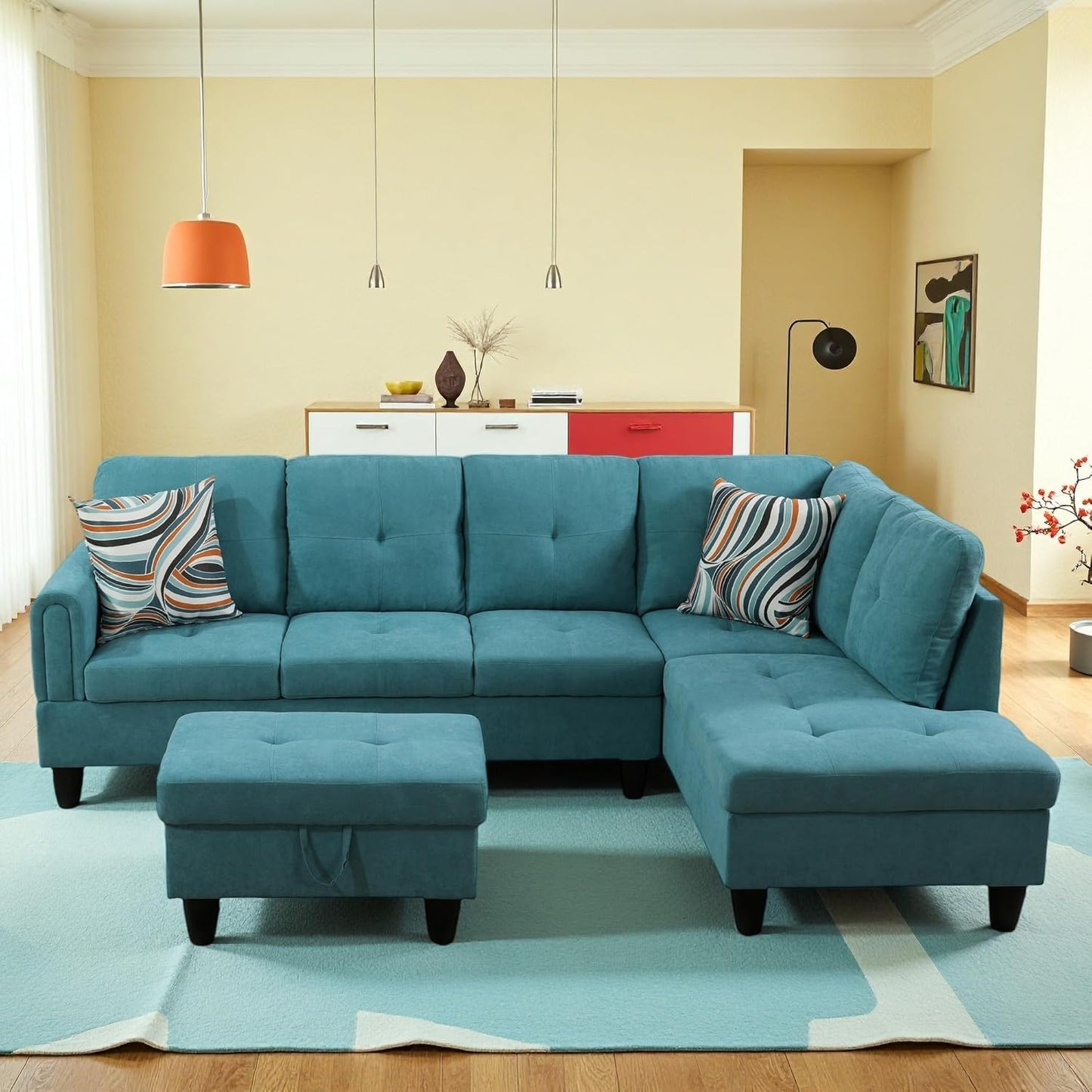 L-Shaped Sectional Sofa with Ottoman, Right-Facing Modern Microfiber Couch for Living Room, Bedroom, Office, Dark-Blue