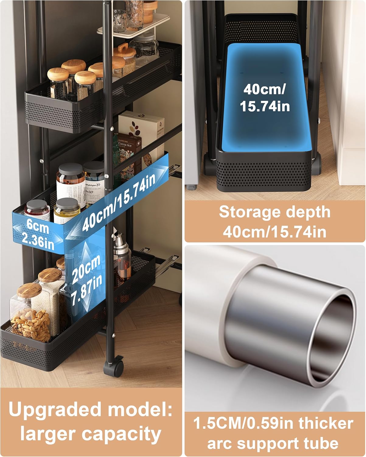 UMDONX Slim Storage Cart 4 Tier with Pull Out Basket Bathroom Organizer Rolling cart, Rolling Utility Cart Slide Out Organizer for Kitchen, Bathroom, Laundry Black