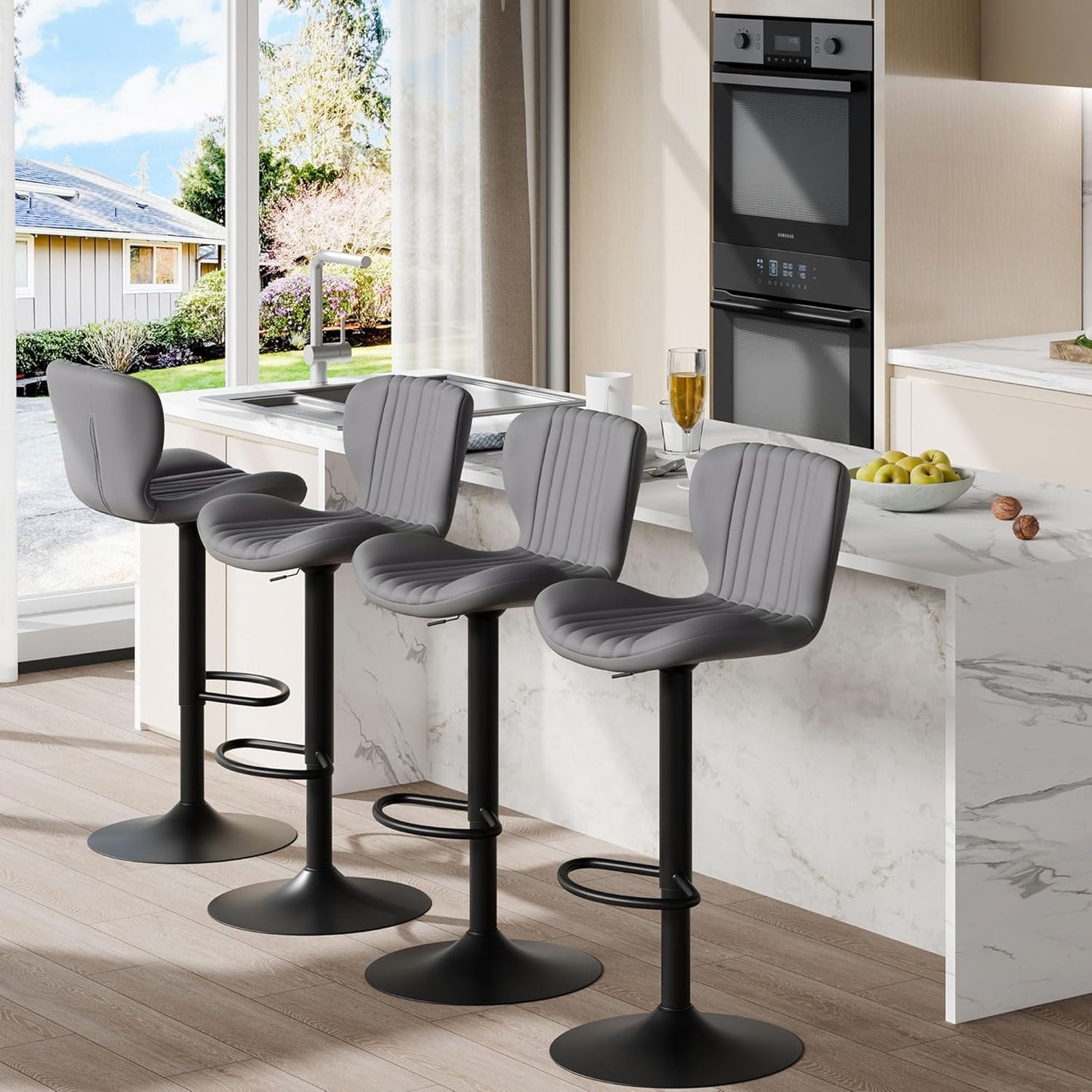 Shintenchi Bar Stools Set of 4 Modern Swivel Bar Chairs, Counter Height Faux Leather Metal Barstools, Upholstered Island Chairs with Back and Footrest, Gray