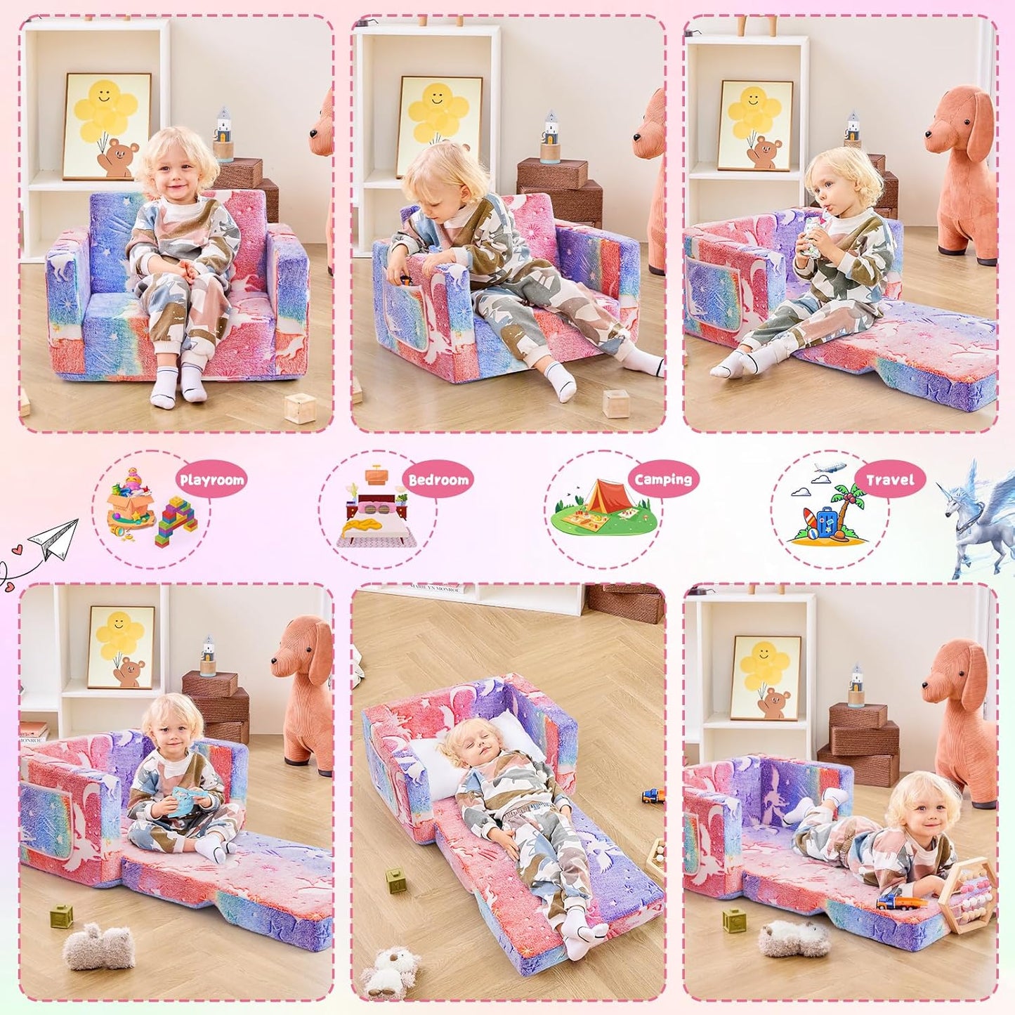 Toddler Couch,Toddler Chair,2-in-1 Baby Seat Furniture Fold Out, Convertible Sofa to Lounger Comfy Glow in The Dark Sofa Bed,Gifts for Kids Girl Boys,Elf Unicorn,Medium