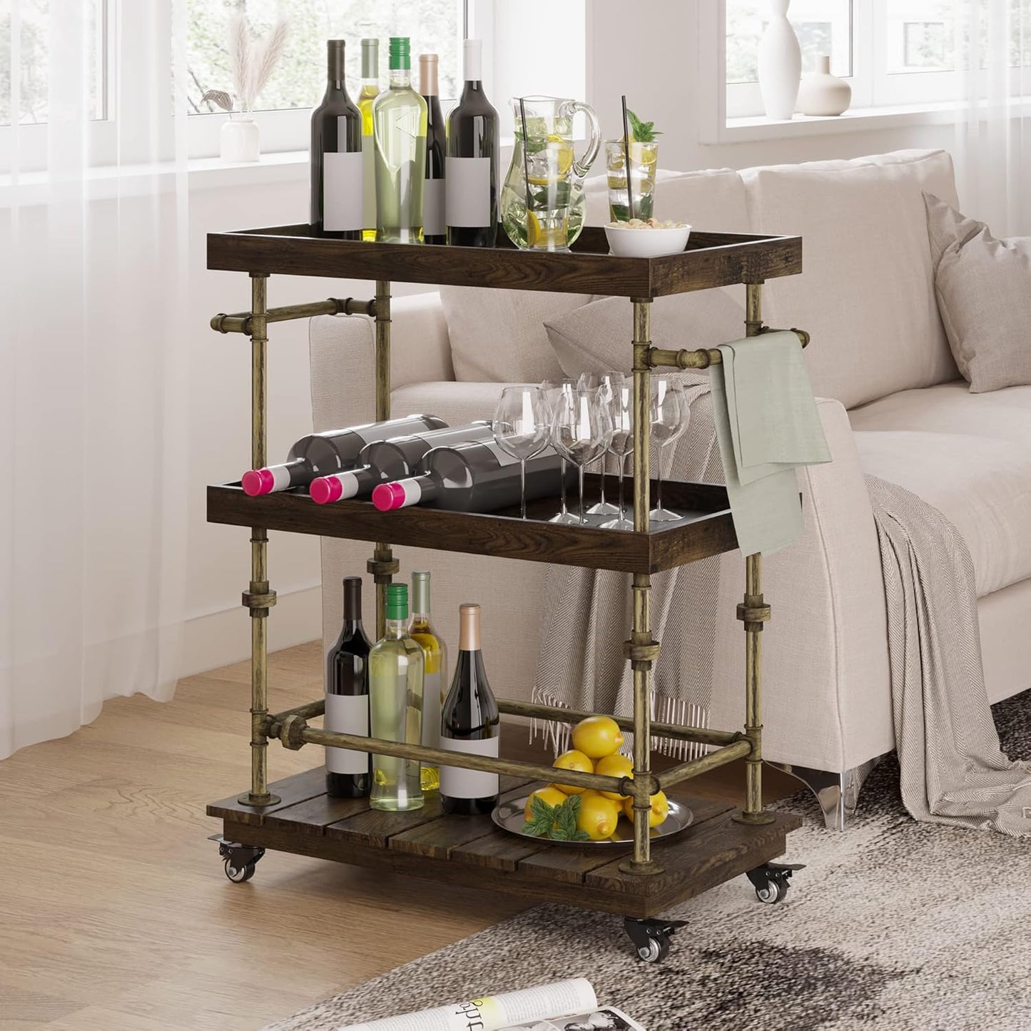 Industrial Bar Cart, 3-Tier Serving Cart Creates with Solid Wood and Metal Pipe Frame, Rustic Style Wide Bar Cart Wine Rack with Wheels (3-Tier)