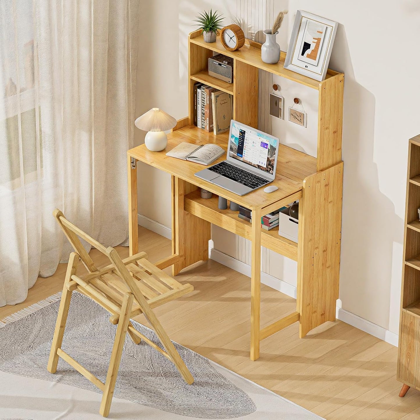 31.1" Bamboo Folding Desk with Bookshelf, Compact Computer Desk for Small Spaces, Foldable Study Desk with Storage Shelf, Space-Saving Home Office Desk for Bedroom, Dorm, Apartment,Natural