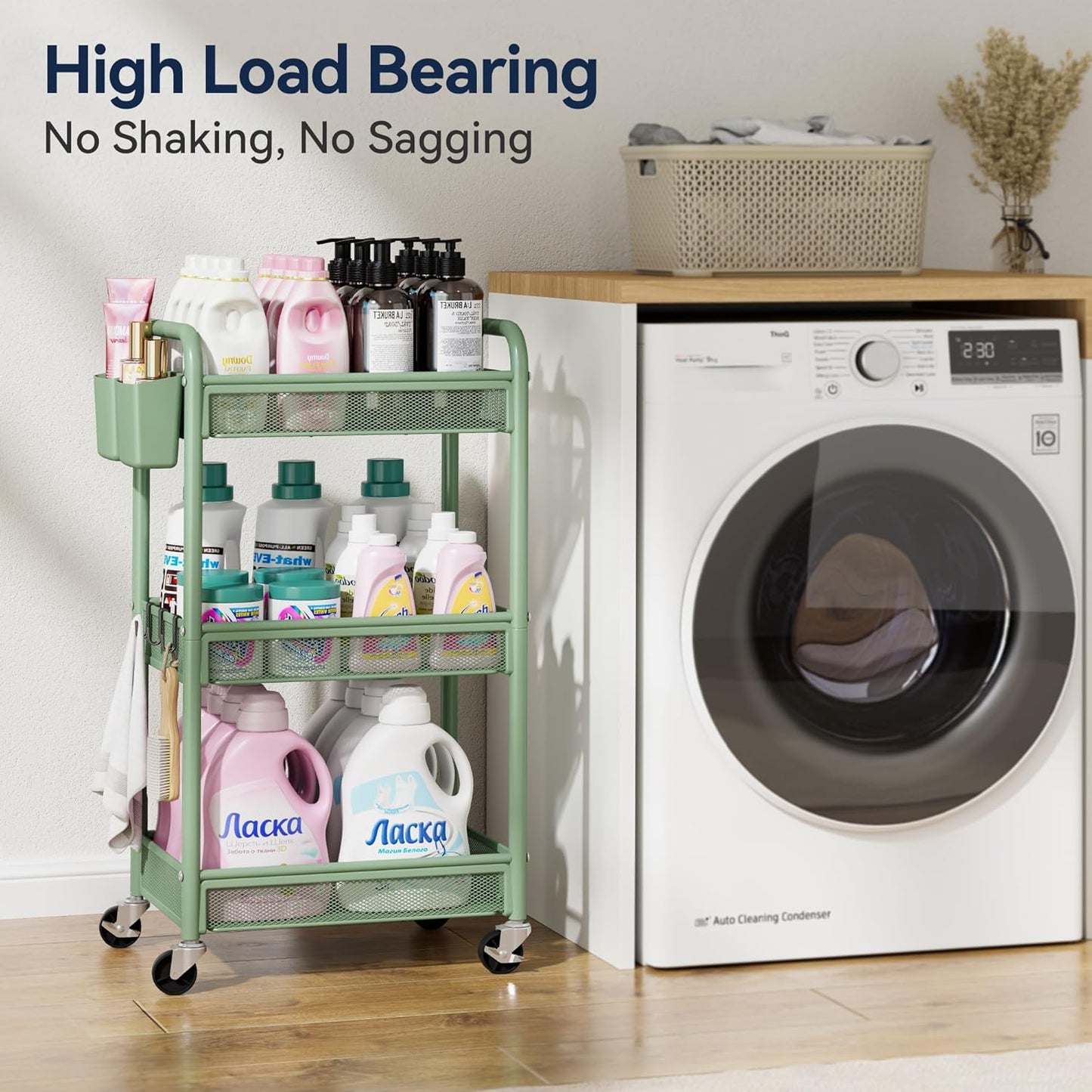 YASONIC 3 Tier Rolling Cart – Metal Utility Storage Cart with Wheels, Craft Carts Organizer with Hanging Cups, Hooks, Mesh Basket for Bedside Kitchen Office Art, Green