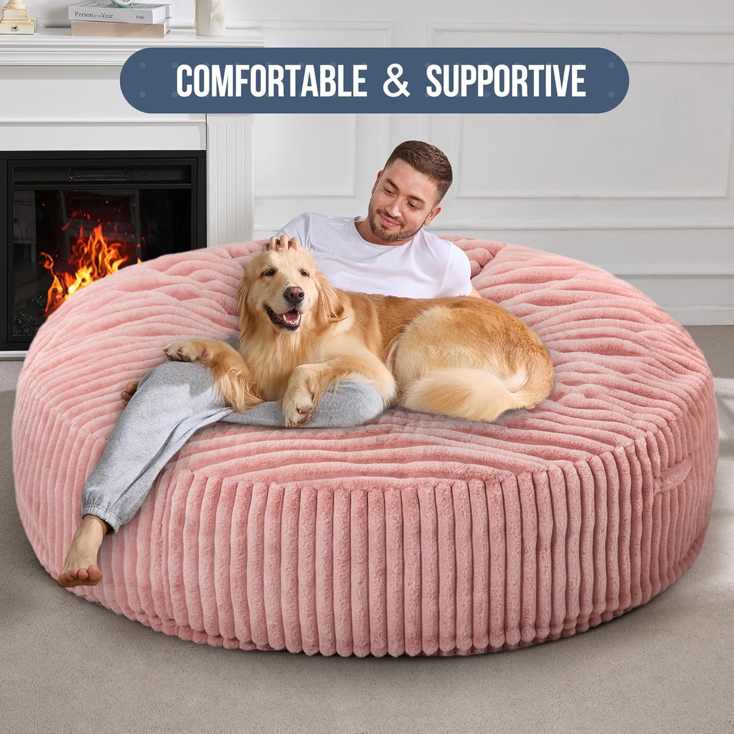 Hobestluk 6ft Bean Bag Chairs for Adults Large Beanbag Chair with Stripe Plush Cover Big Bean Bag Chair for Living Room Bedroom Dorm Office - Pink (70" x 70" x 15")