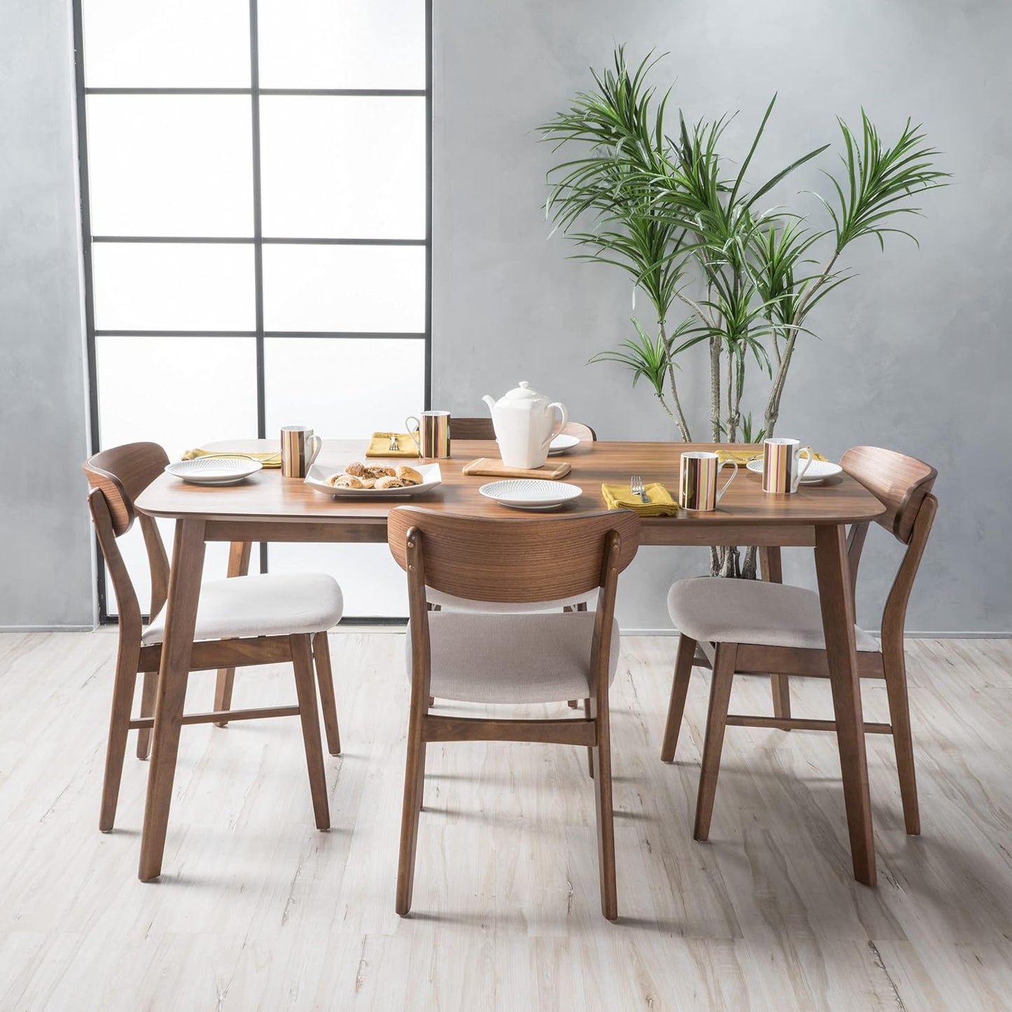 Christopher Knight Home Lucious 60" Rectangular Dining Set, 5-Pcs Set, Natural Walnut / Light Beige
