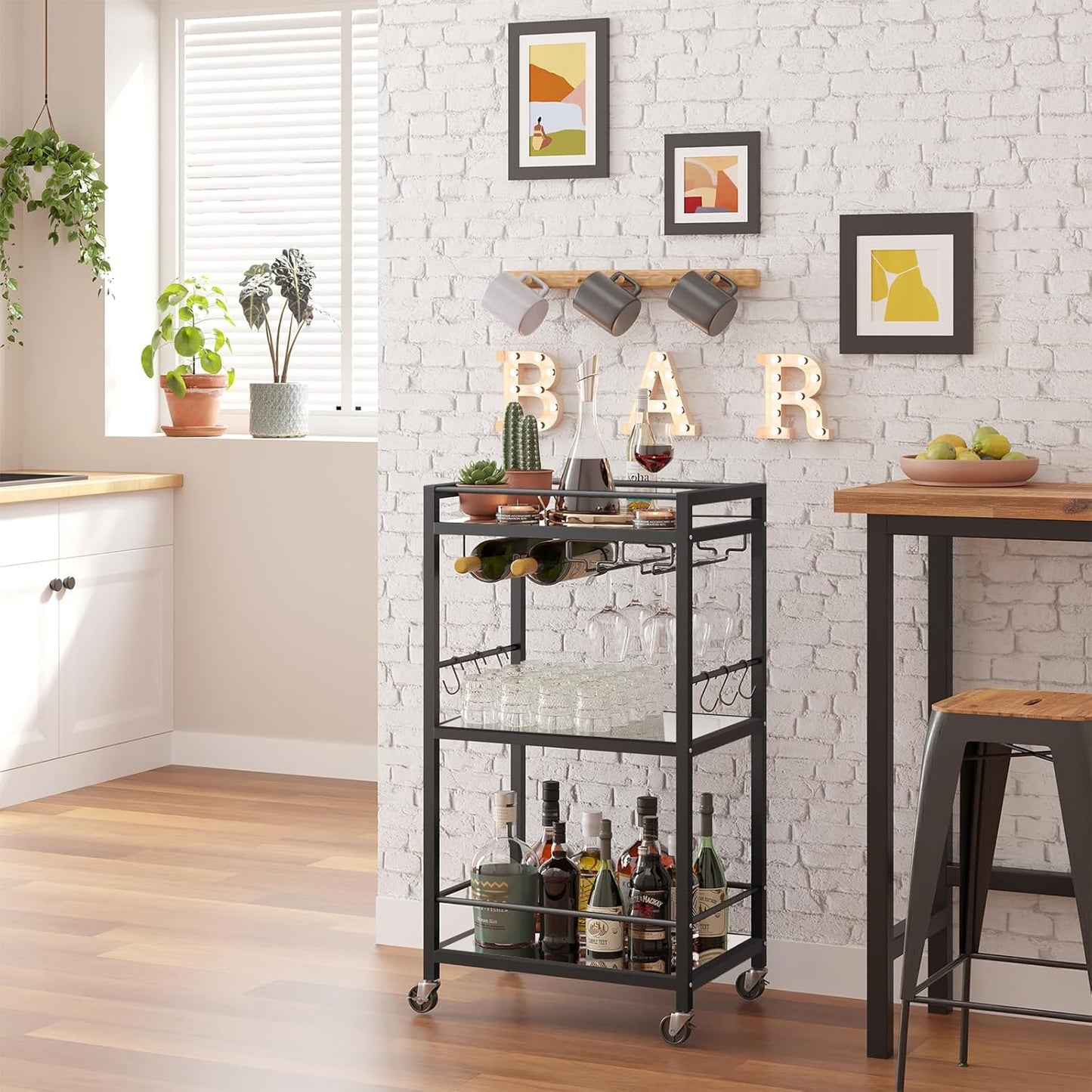 TUTOTAK Bar Cart, Home Bar Serving Cart with 3-Tier Mirrored Shelf, Drink Cart, Mobile Kitchen Shelf with Wine Rack, Rolling Beverage Cart, Black BC01BK033