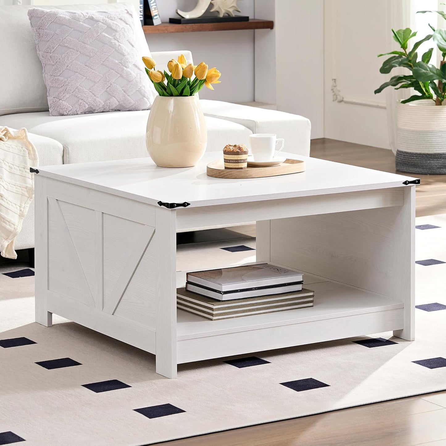 Farmhouse Coffee Table for Living Room, Wood Square Coffee Tables, 31.5" W x 31.5" D, White