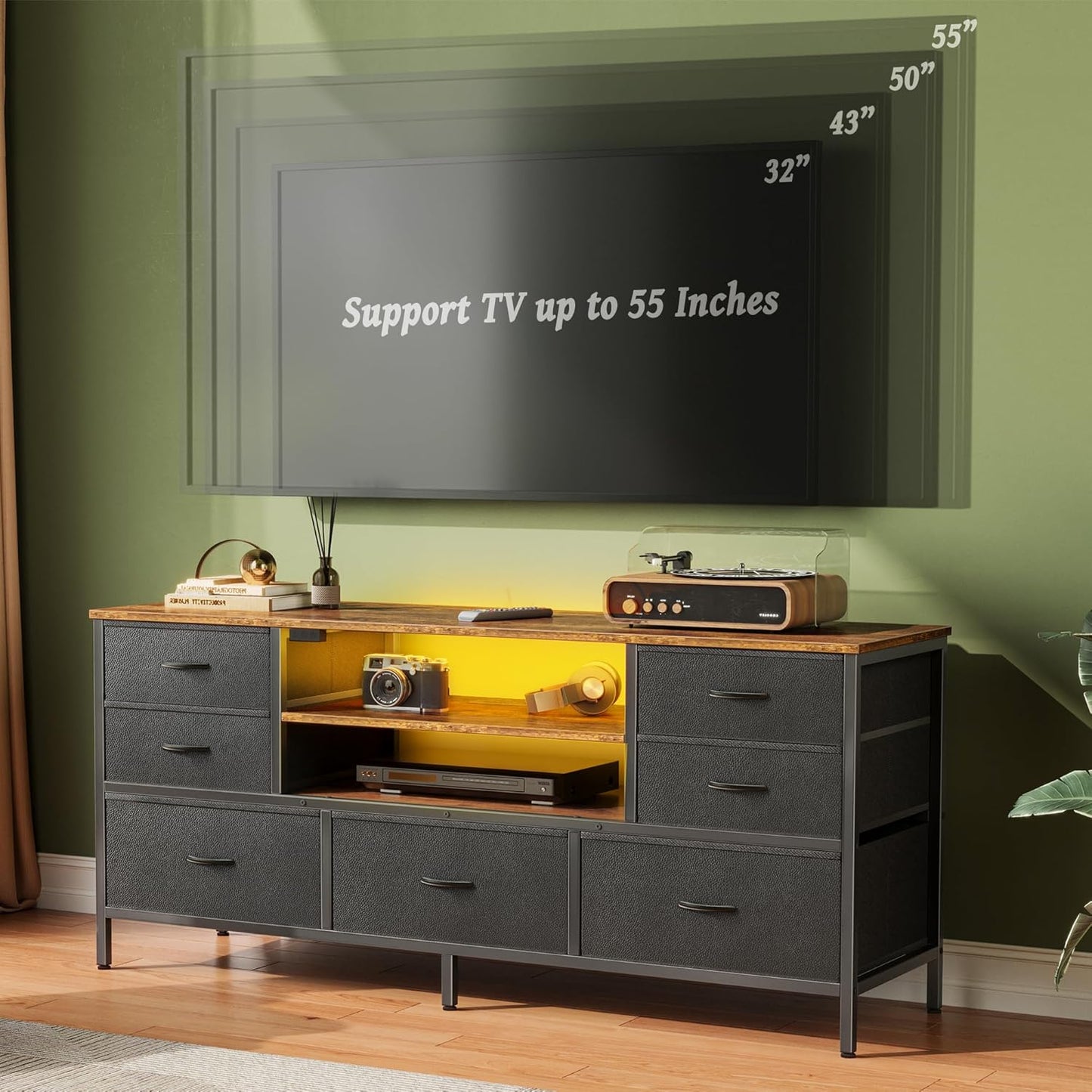 Huuger TV Stand Dresser with Power Outlets and LED Lights, 7 Drawers, 47 Inch Console, Rustic Brown and Black