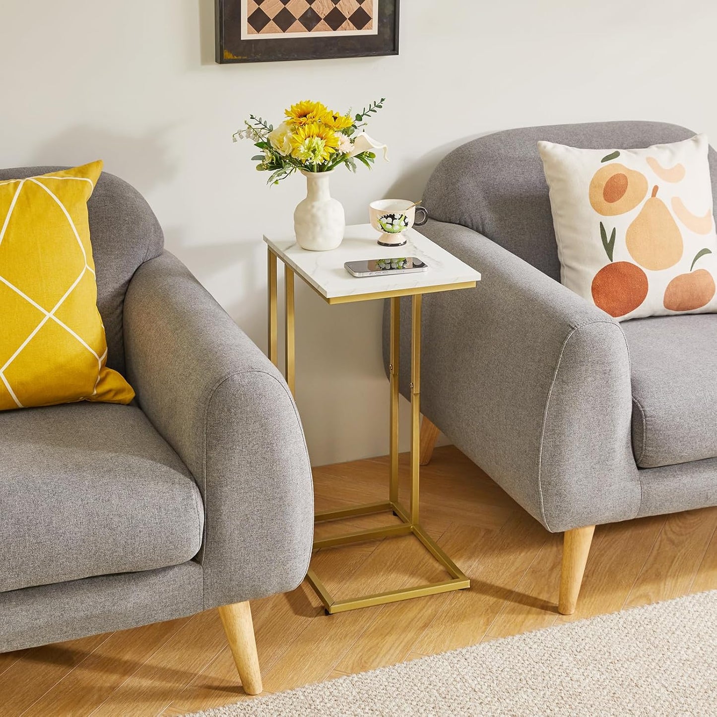 Small Side Tables C Shaped, End Table Set of 2, Small Table Stand for Living Room Bedroom, lLittle Bedside Table Faux Marble+Gold YD-TM051G-2