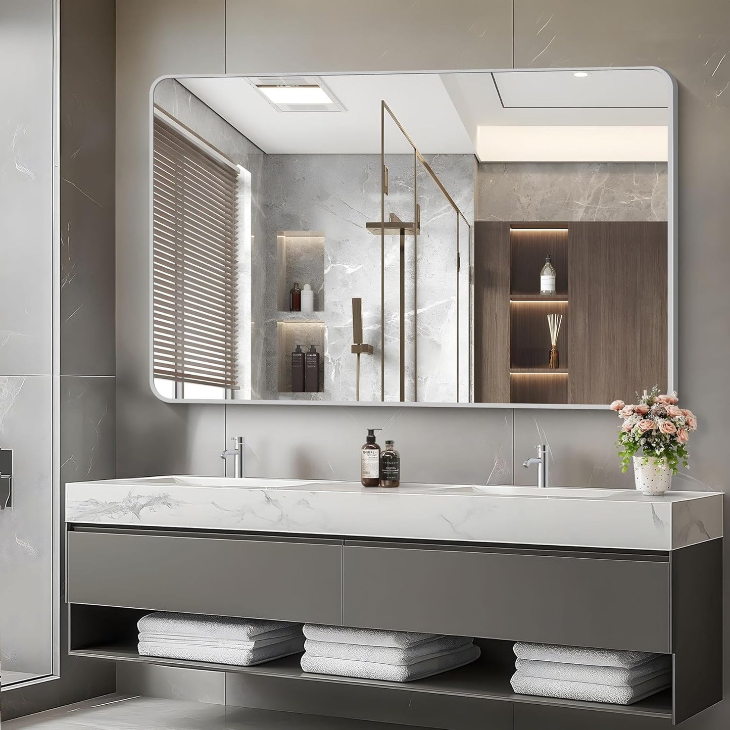 55x36 Inch Silver Bathroom Mirror, Large Rectangular Vanity Mirror, Metal Framed Rectangle Mirror, Rounded Corner Wall Mounted Mirrors for Living Room Bedroom Entryway Horizontal or Vertical