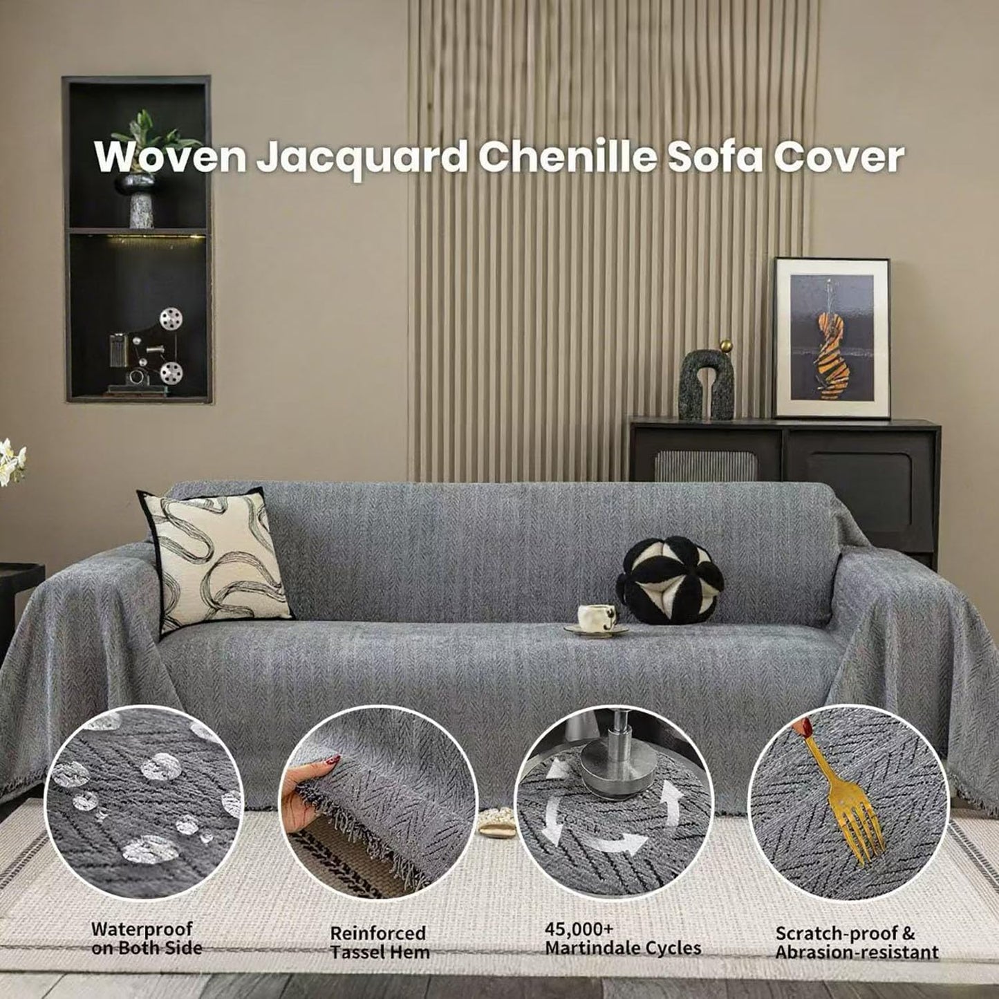 Nobildonna Sofa Chair Cover Waterproof Soft Thicken Chenille Cushion Couch Cover with Tassels,Washable Sofa Slipcovers for Armchair Recliner Sectional Furniture Protector, Dark Gray 71"x71"
