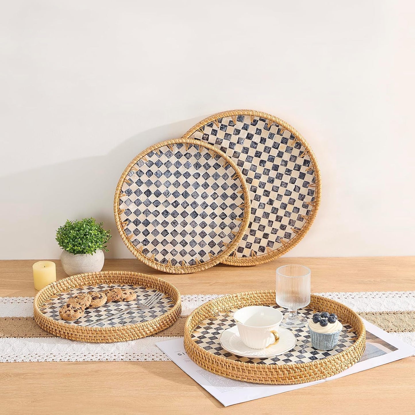 Round Rattan Tray with Mother of Pearl Inlay, Rattan Serving Tray with Wooden Base, Decorative Wicker Basket for Table Decor, Storage and Display of Coffee Bread Food Fruit (Checkerboard 13.5")