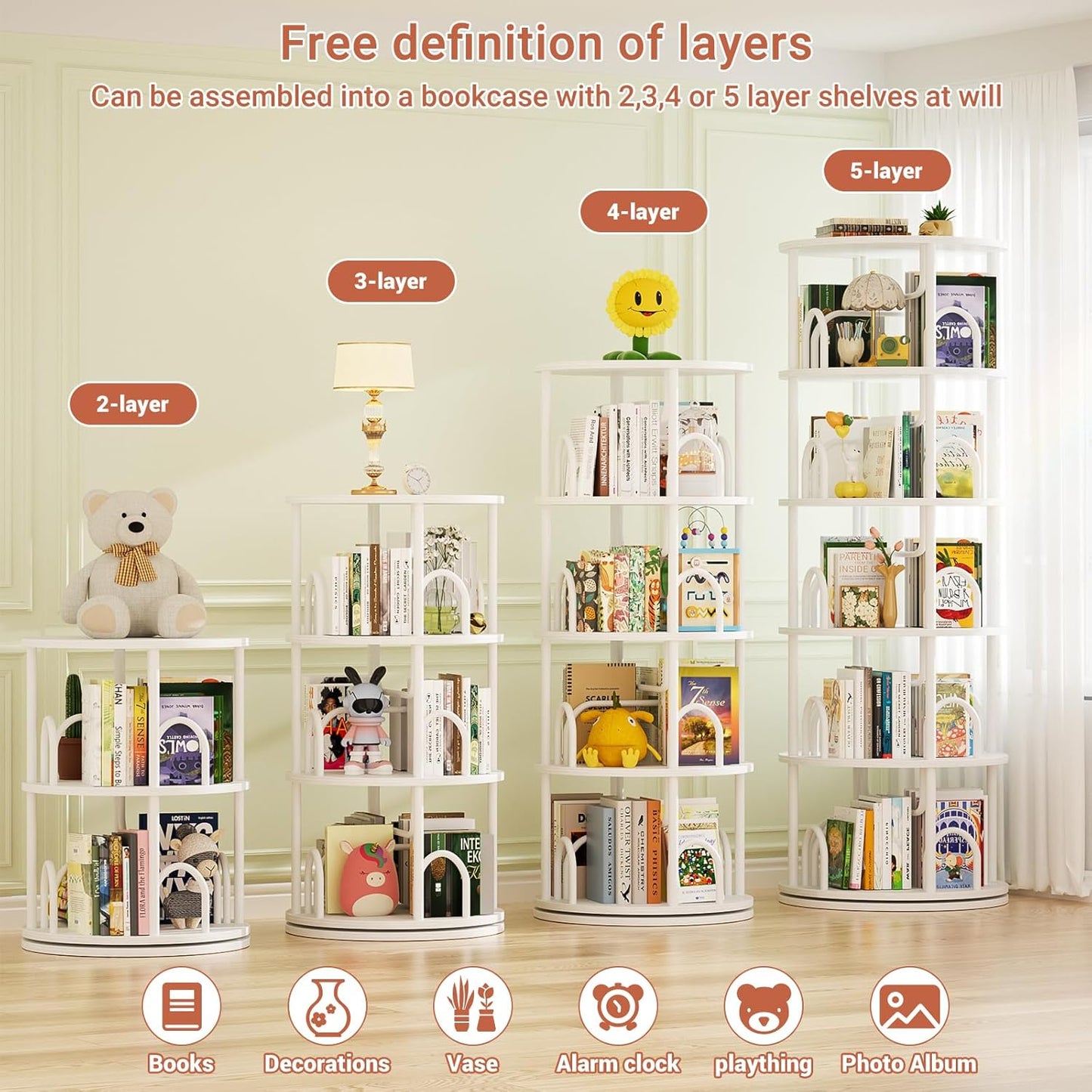 Aheaplus 5 Tier Rotating Bookshelf Tower, 360 Display Spinning Bookcase, Revolving Round Book Shelf Narrow Swivel Bookshelf, Vertical Turning Spiral Corner Book Organizer for Small Space, White