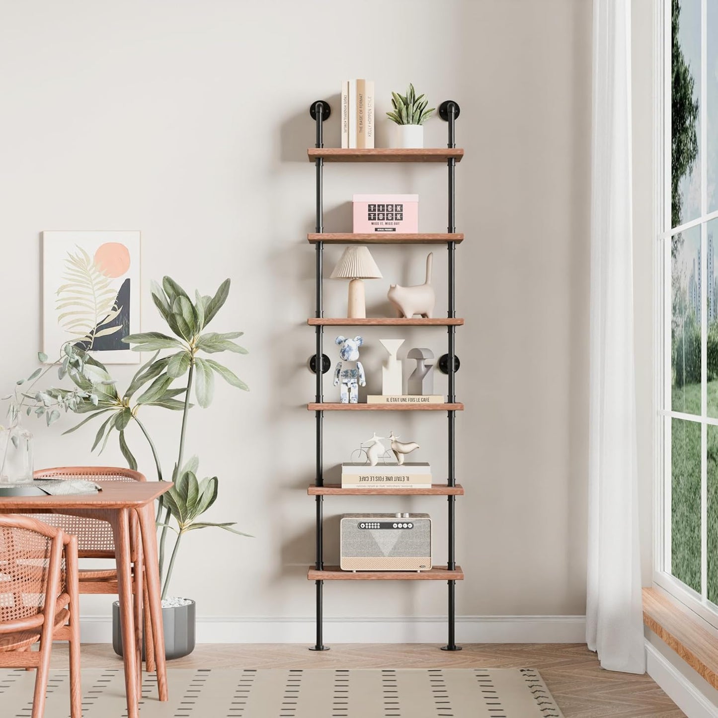 Industrial Ladder Pipe Shelves, Wall Mounted Rustic Bookshelf, Retro Metal Wood Bookcases (Weathered Brown, 6 Tier - 10" D x 24" W x 82.5" H)