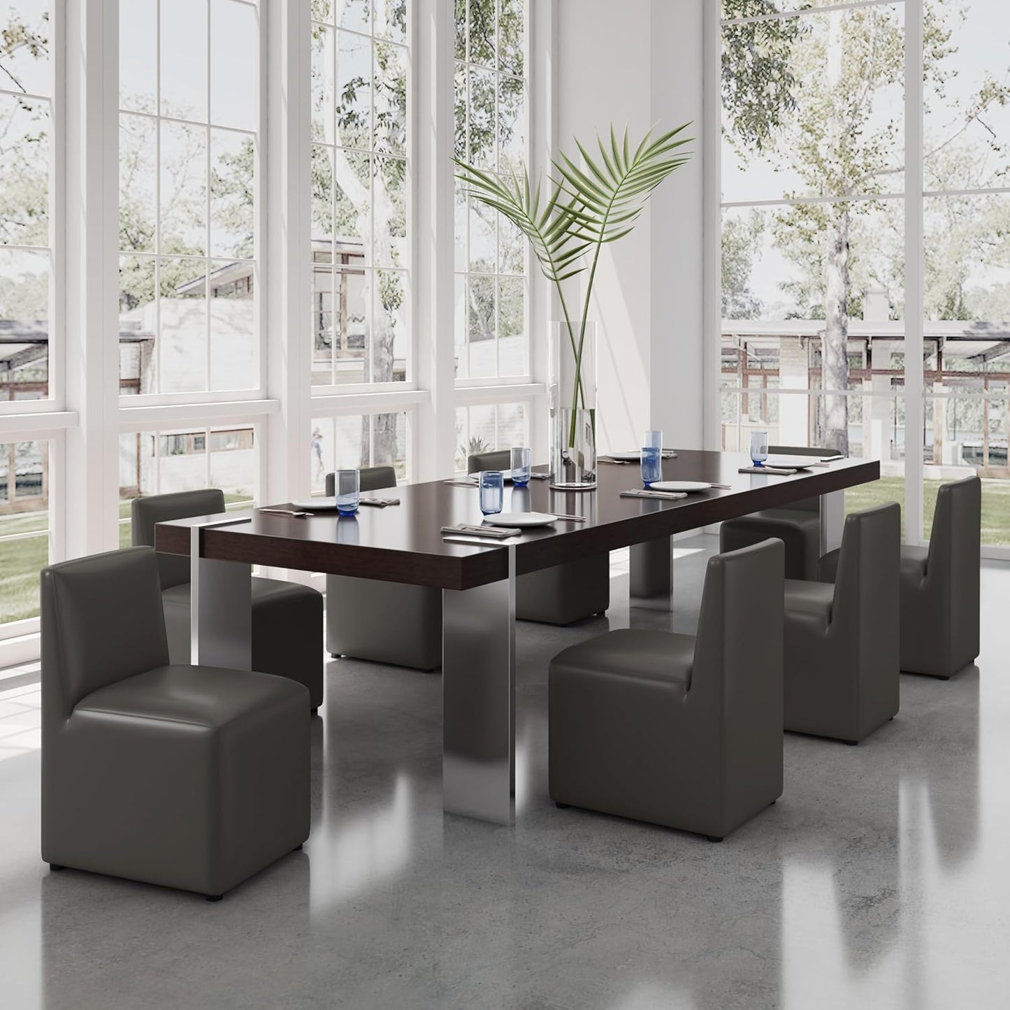 Manhattan Comfort Anna Square Modern Dining Chair with Head to Toe Faux Leather Upholstery and Plastic Foot Padding, Luxury Accent Furniture, Set of 1, Pewter