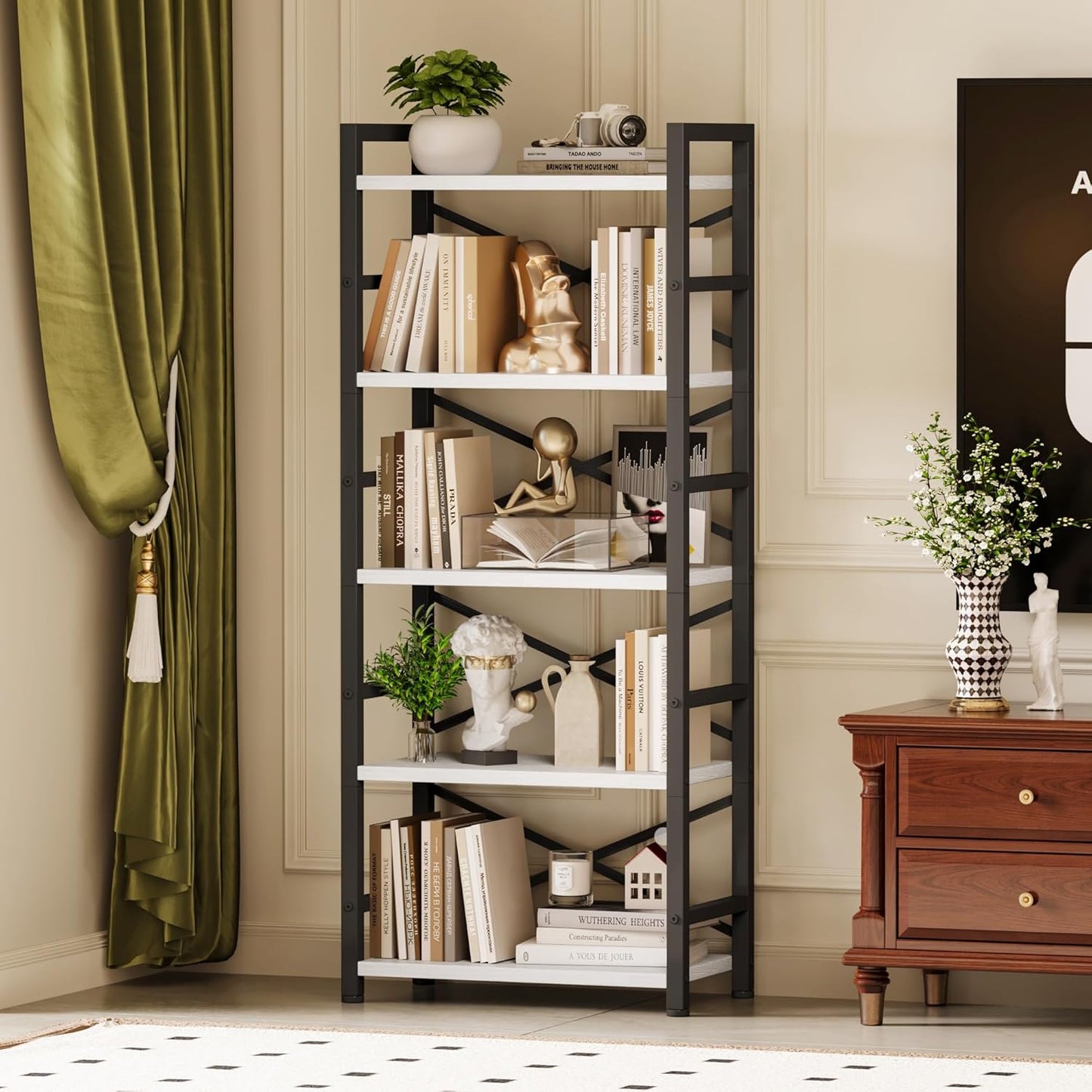 Homeiju Organization and Storage, 5 Tier Bookshelf, Tall Bookcase with Shelves, Wood and Metal Book Shelf Storage Organizer, Industrial Display Standing Shelf Unit for Bedroom, White